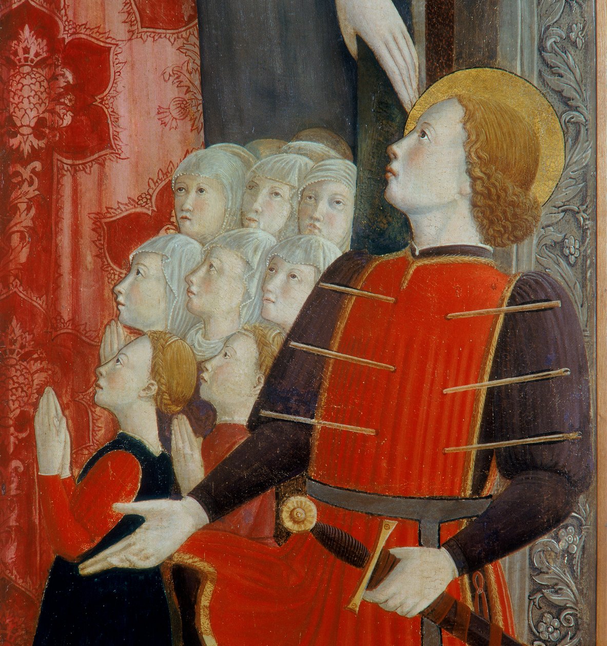 Detalj av St. Sebastian, Madonna della Misericordia med St. Venantius og St. Sebastian, 1463 av Girolamo Giovanni