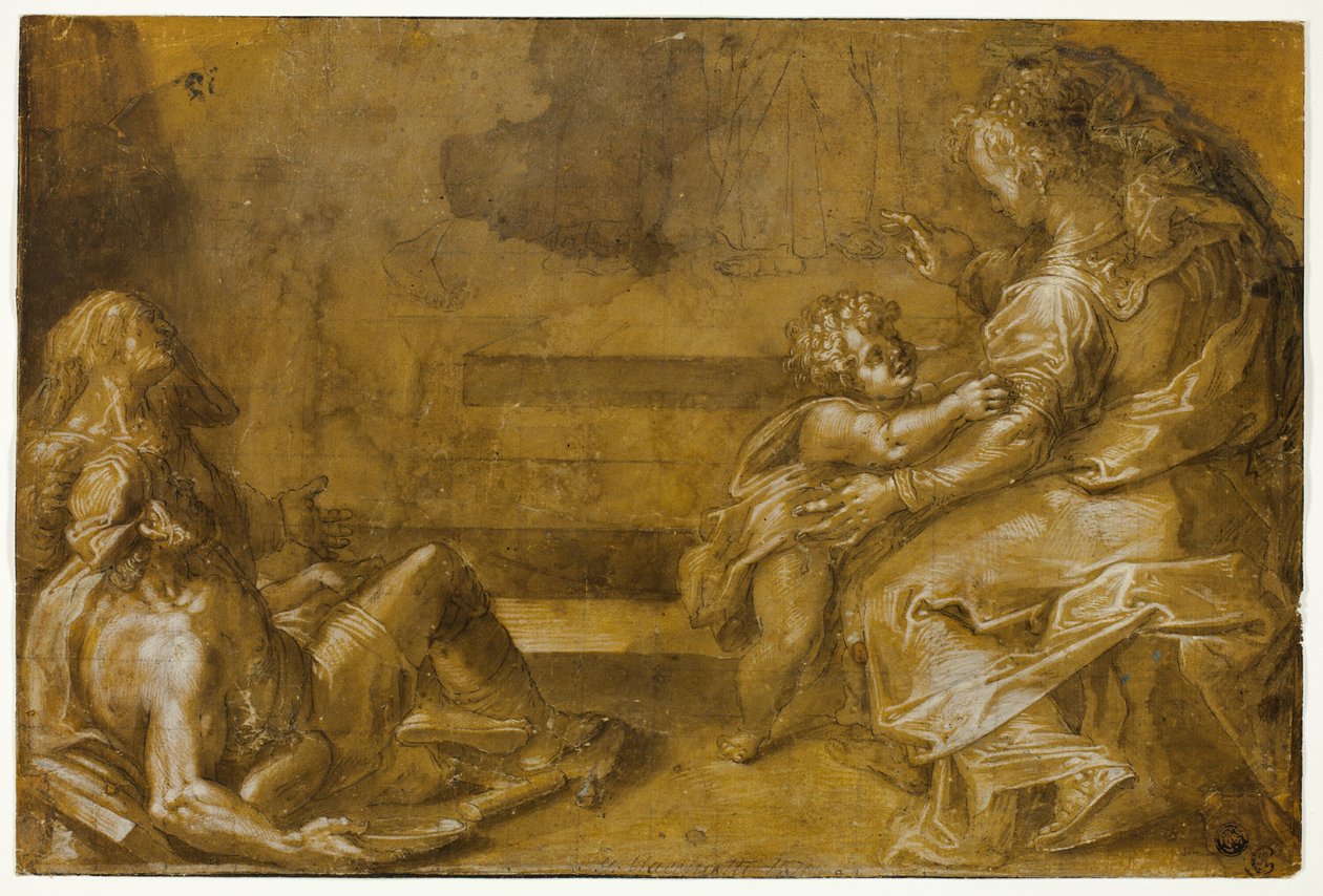 To liggende tiggere, og sittende mor og barn, ved foten av trinnene av Girolamo Macchietti