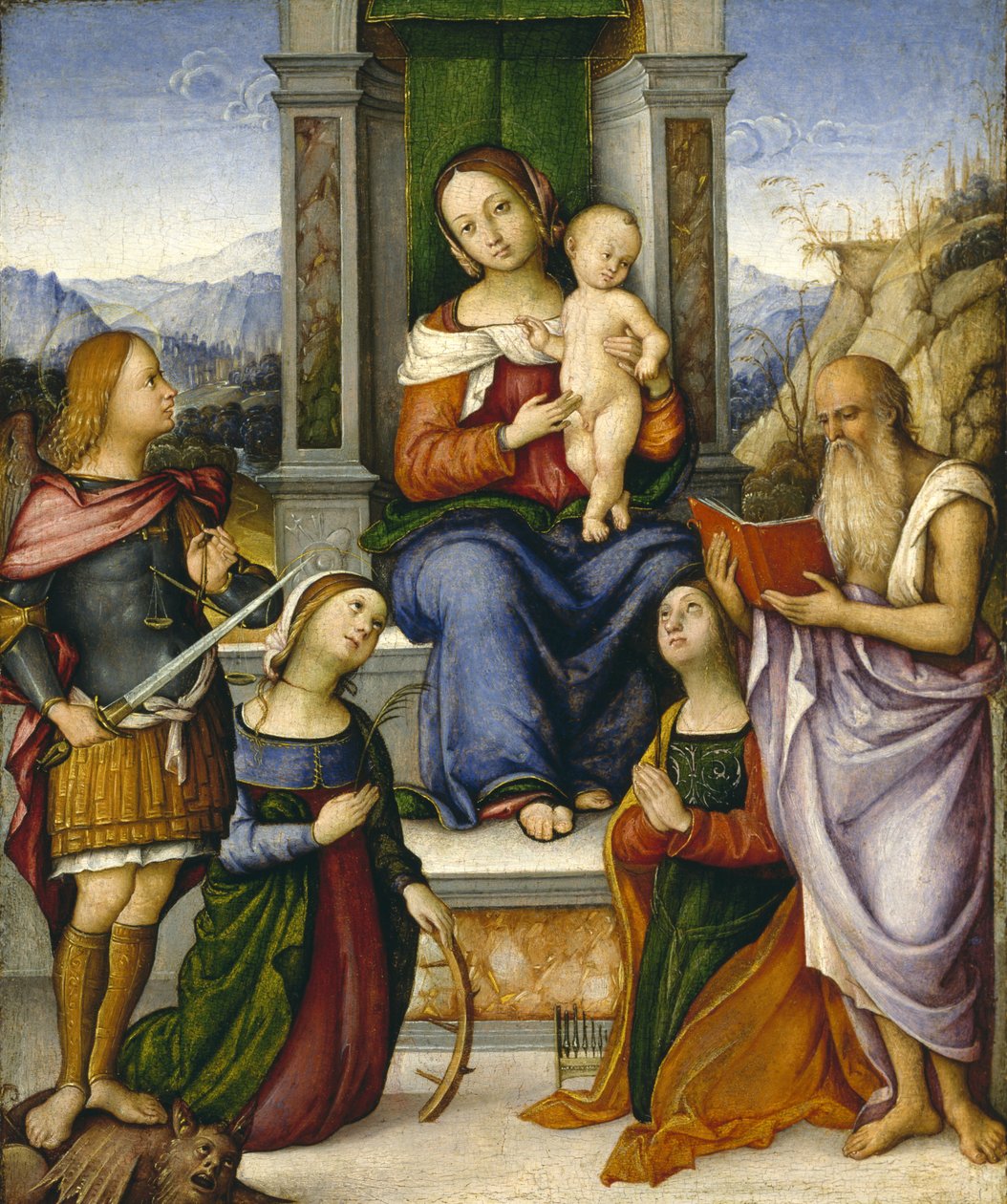 Jomfruen og barnet på tronen med de hellige Mikael, Katarina av Alexandria, Cecilia og Hieronymus, ca. 1512 av Girolamo Marchesi da Cotignola