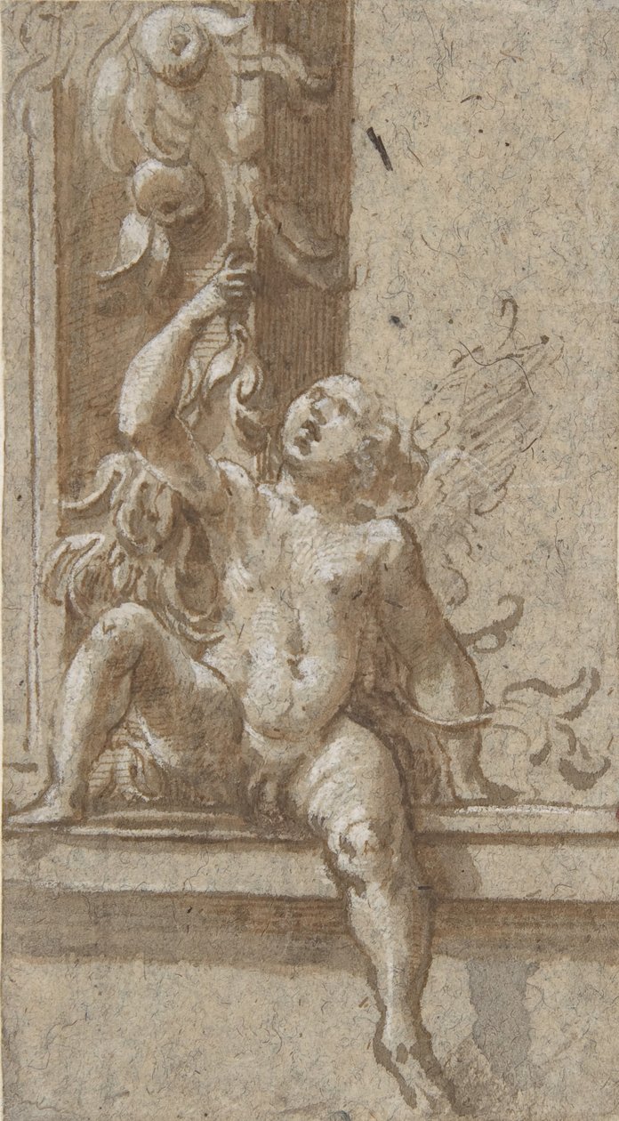 En putto sittende på en ramme, ca. 1538-40. av Girolamo Mazzola Bedoli