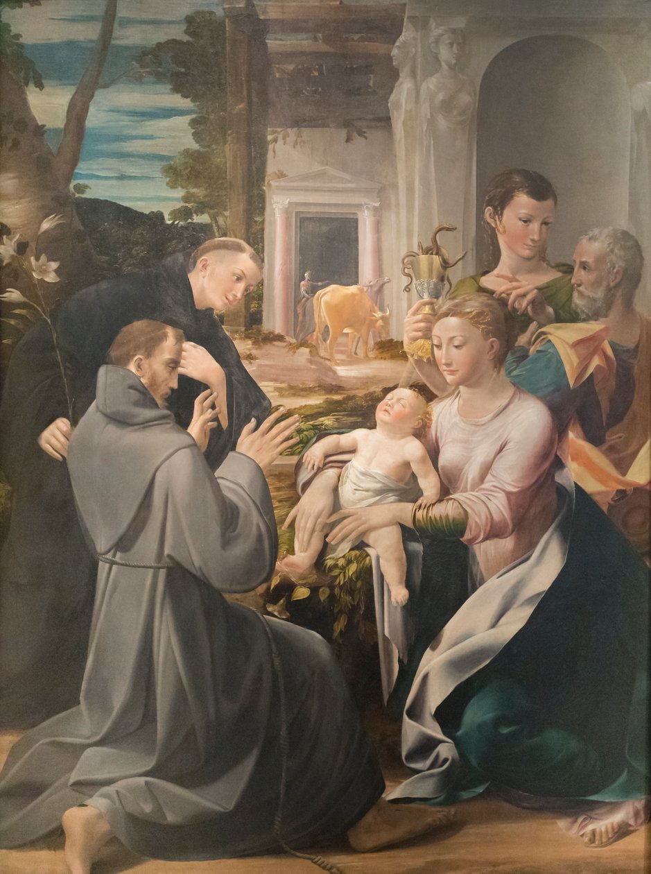 Hellig familie med den hellige Antonius av Padua, den hellige Frans av Assisi og den hellige Johannes evangelisten, Girolamo Mazzola Bedoli av Girolamo Mazzola Bedoli