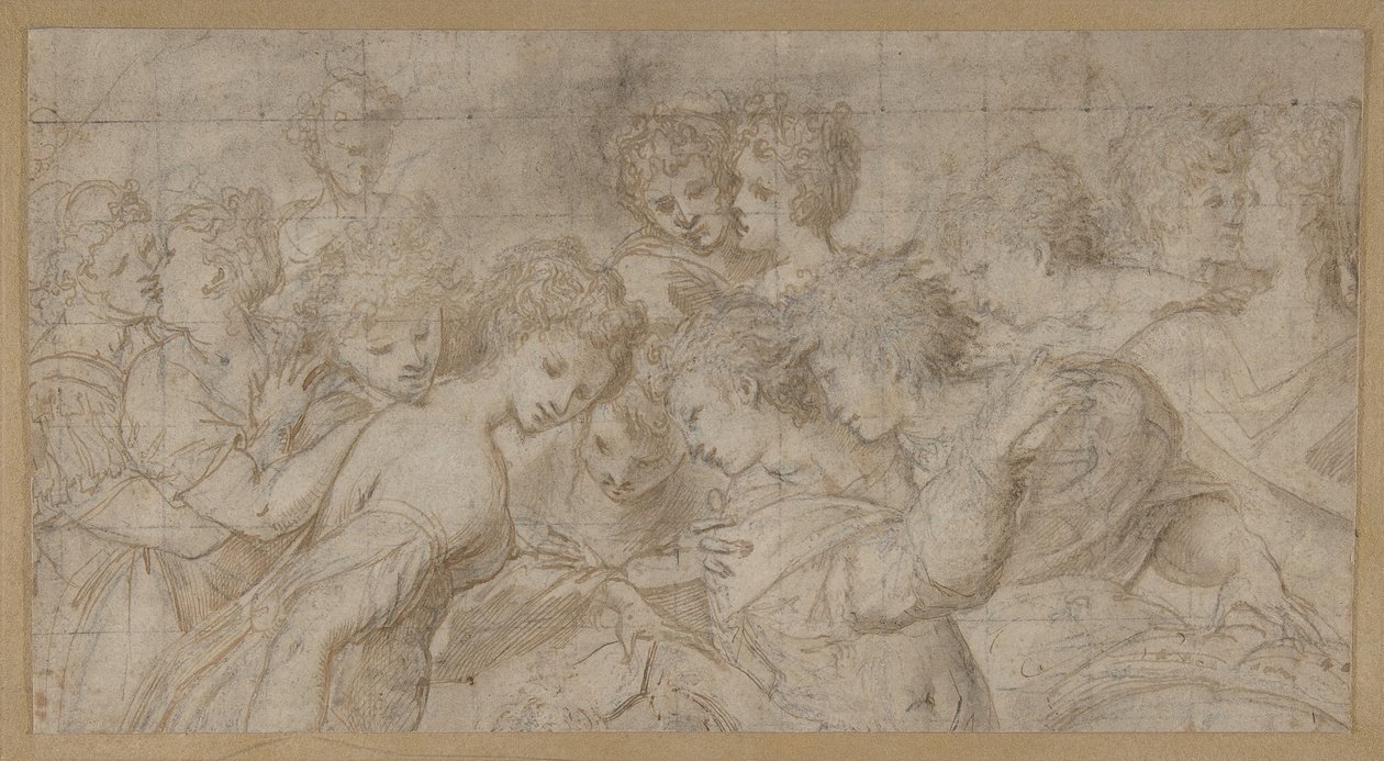 Omfavner kvinnelige figurer, noen holder musikalske partiturer., 1570-73. av Girolamo Mirol.