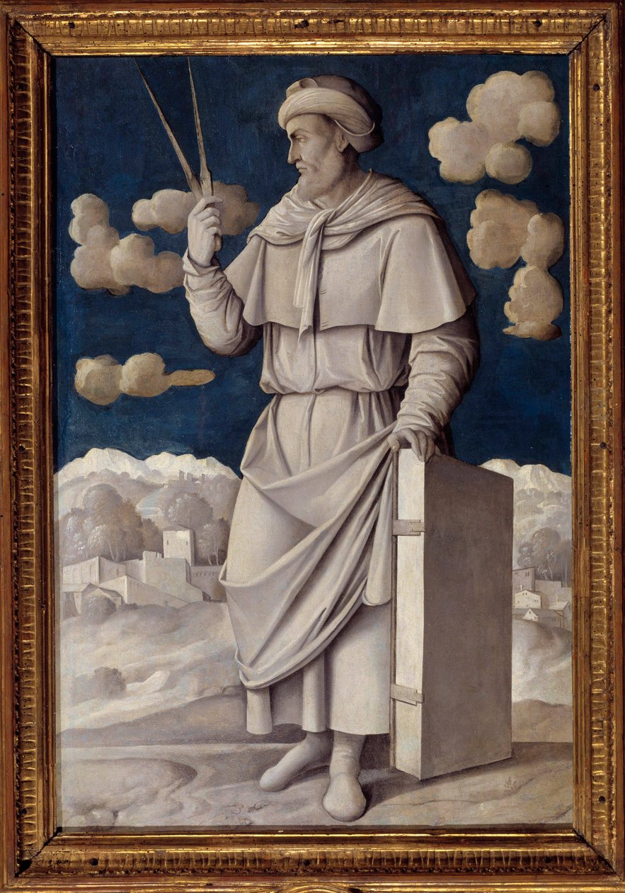 Portrett til fots av Euclid (325-265 f.Kr.), gresk matematiker Maleri av Girolamo Mocetto (1458-1531) 1531 Paris. Musee Jacquemart Andre - Portrett i full lengde av Euclid (325-265 f.Kr.), engelsk matematiker. Maleri av Girolamo Mocetto (1458-1531) av Girolamo Mocetto