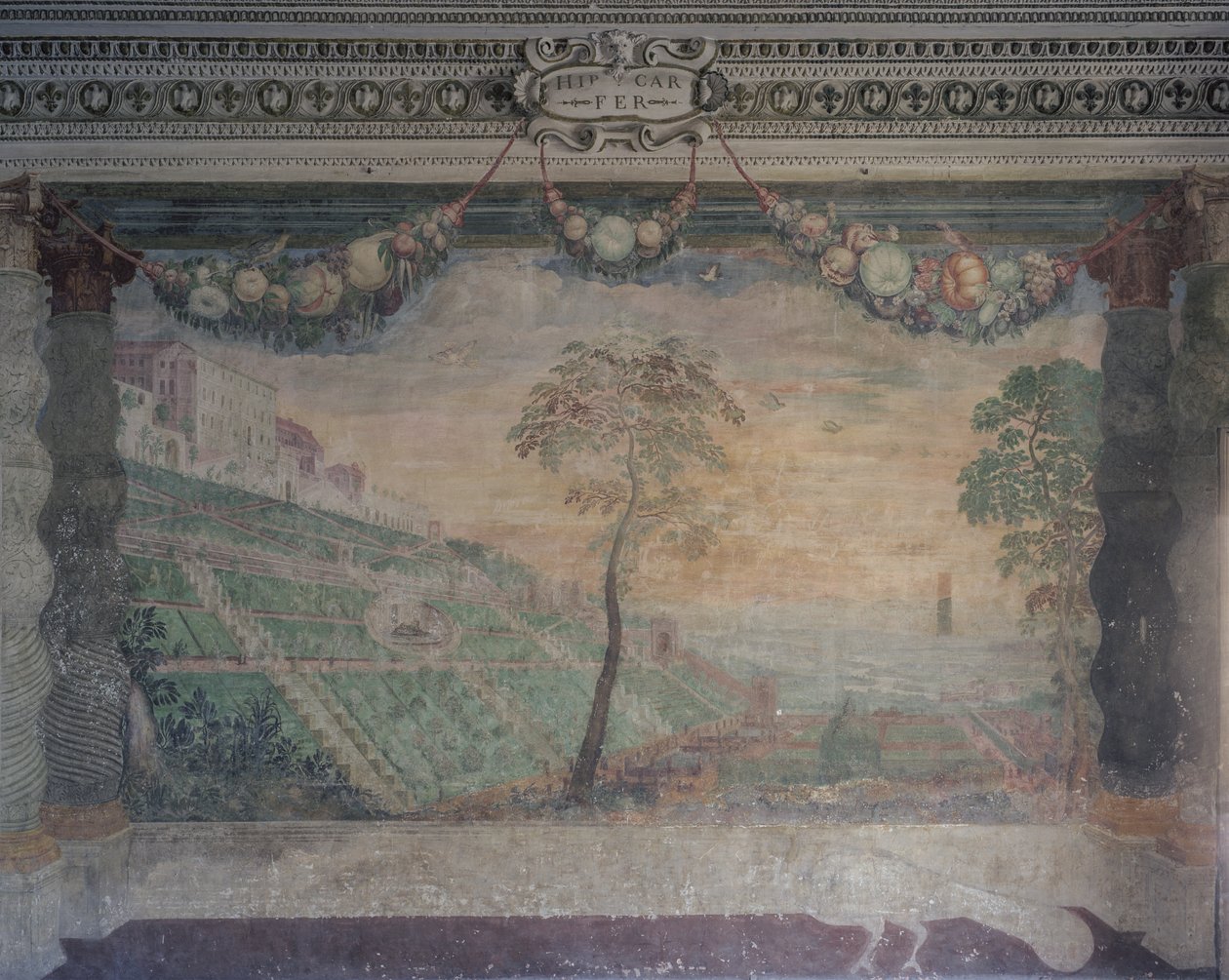 Utsikt over villaen basert på det originale designet, Hall of the Fountain av Girolamo Muziano