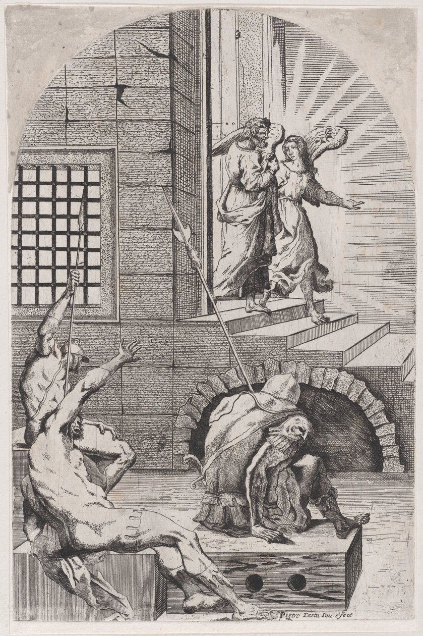 Sankt Peter ble løslatt fra fengselet av engelen, 1650-70. av Girolamo Pedrignani
