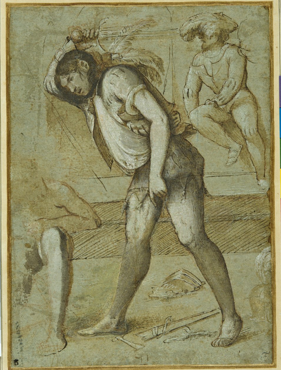 En bøddel i ferd med å halshugge en skjeggete helgen (penn og brunt blekk med vask og hvit kroppsfarge på papir) av Girolamo Romanino