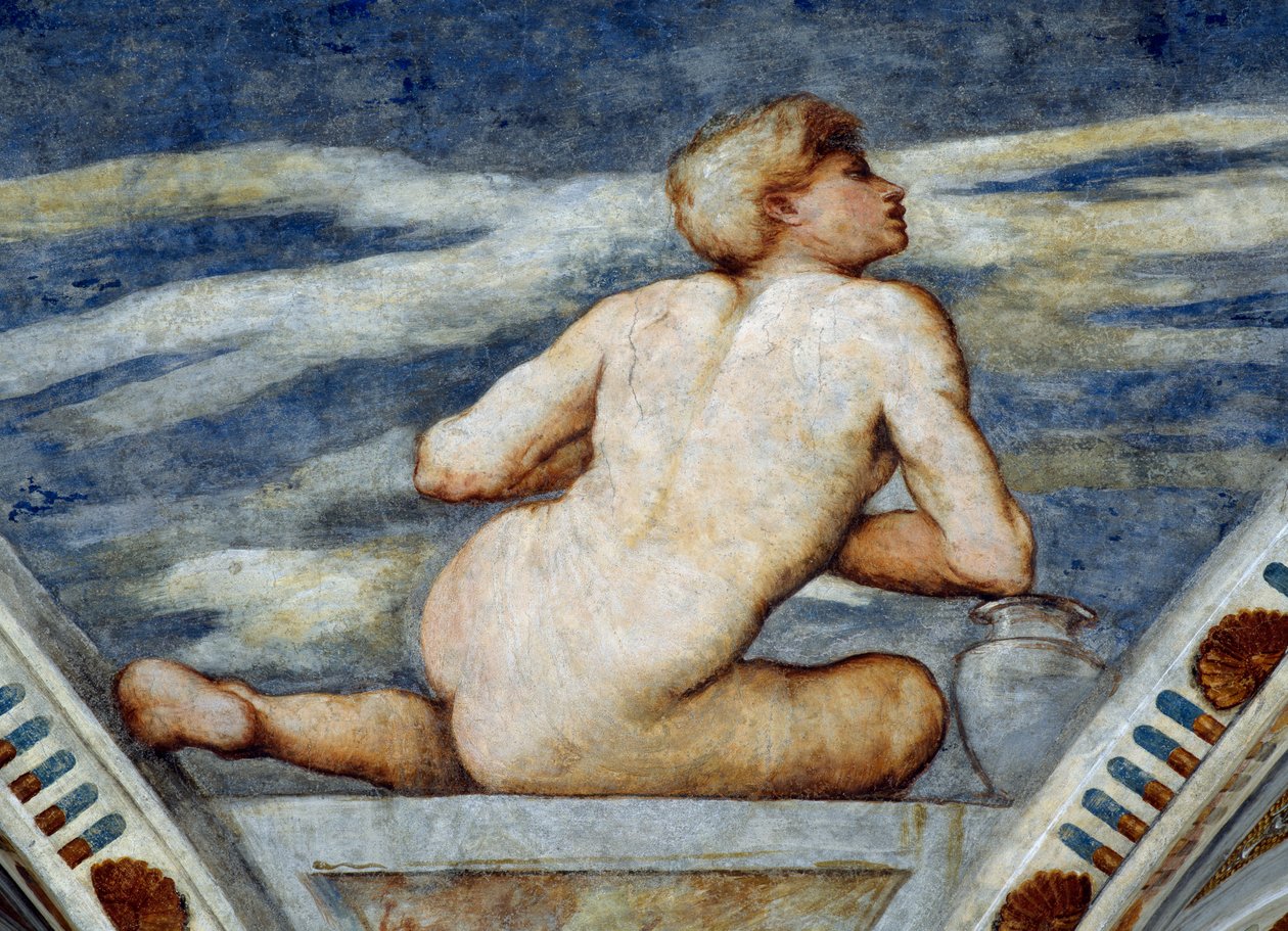 Mannlig naken, Detalj av fresker av Girolamo Romanino (ca 1484-etter 1559), bestilt av Bernardo Clesio av Girolamo Romanino