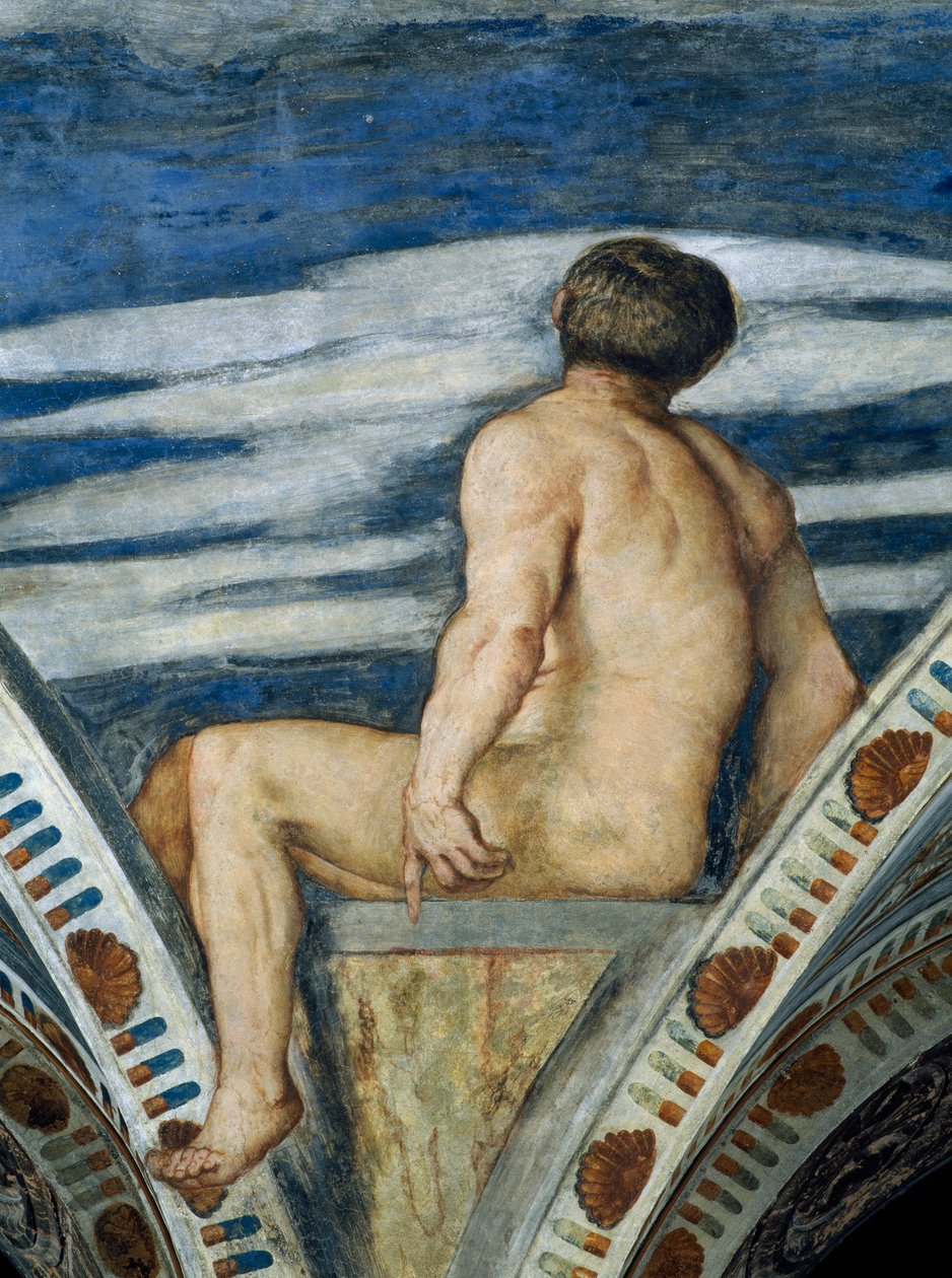 Mannlig naken, Detalj av fresker av Girolamo Romanino (ca 1484-etter 1559), bestilt av Bernardo Clesio av Girolamo Romanino
