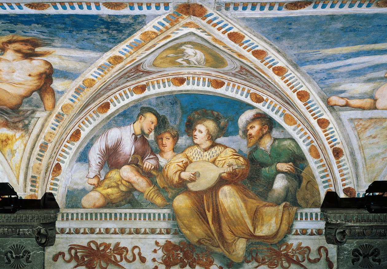 Mandolinspiller, Detalj av fresker av Girolamo Romanino (ca 1484-etter 1559), bestilt av Bernardo Clesio av Girolamo Romanino