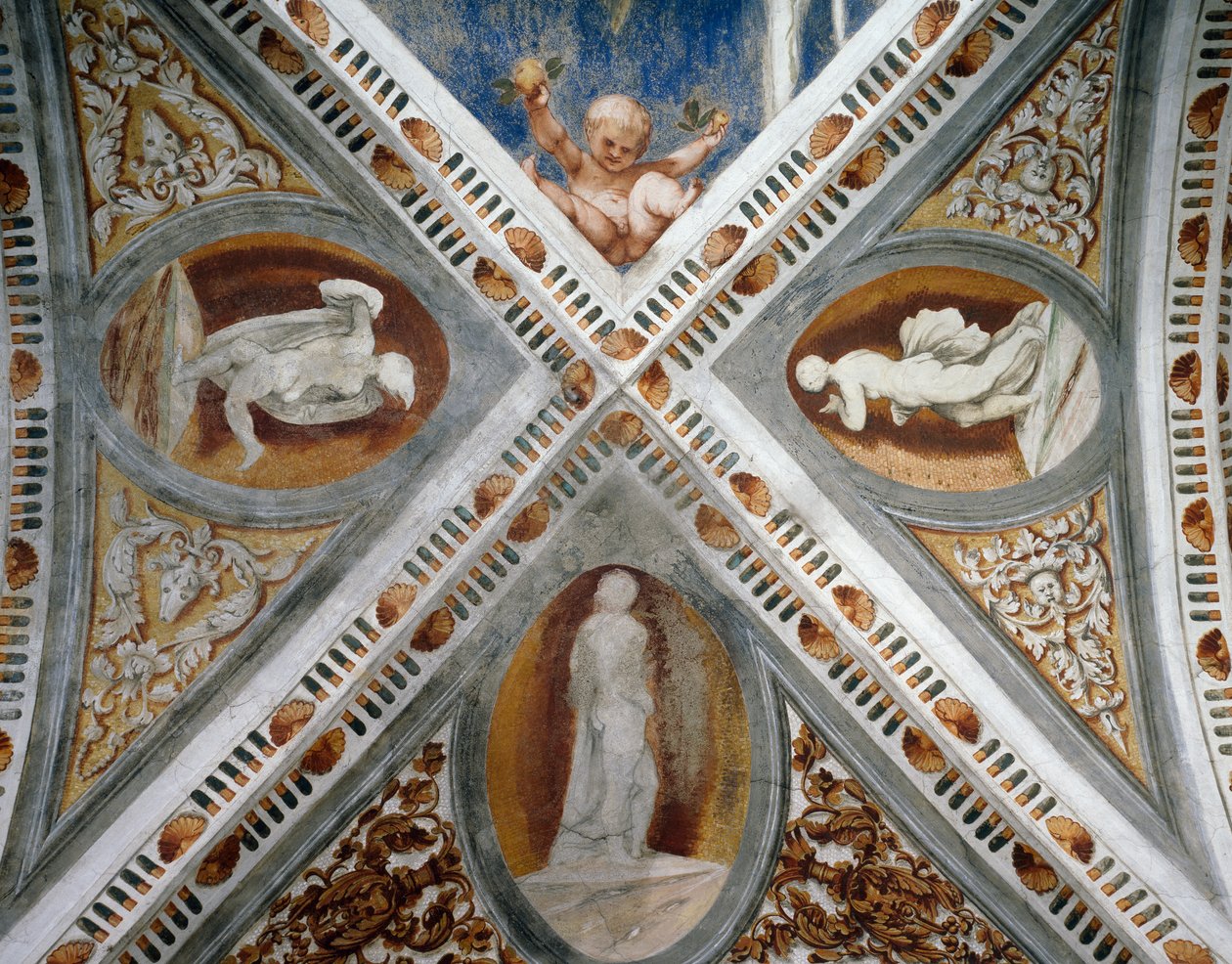 Mosaikknisjer og statuer, Detalj av fresker av Girolamo Romanino (ca 1484-etter 1559), på oppdrag av Bernardo Clesio av Girolamo Romanino