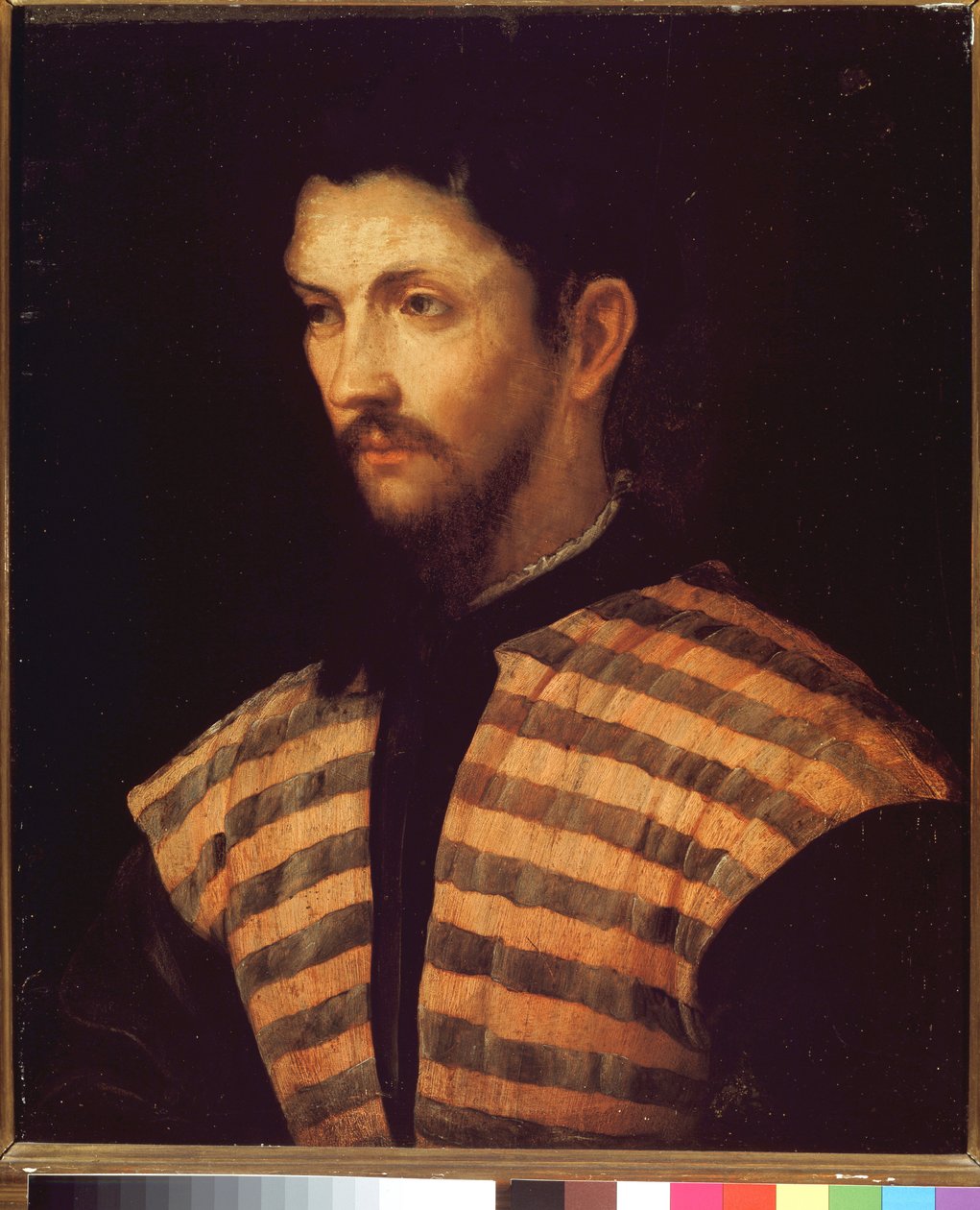Portrett av en herre iført en stripet jakke - Olje på lerret av Girolamo Romanino