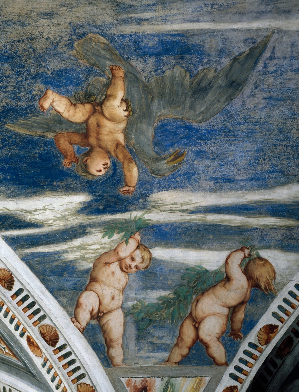 Voldtekt av Ganymedes og putti, mosaikknisjer og statuer, Detalj av fresker av Girolamo Romanino (ca 1484-etter 1559), på oppdrag av Bernardo Clesio av Girolamo Romanino