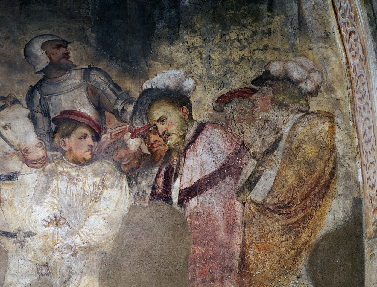 Soldat iført rustning og menn med hatter, detalj av en freskomaleri av Girolamo Romanino (ca 1484-etter 1562), venstre vegg i prestegården til Church of Saint Anthony Abbot, Breno. Italia av Girolamo Romanino