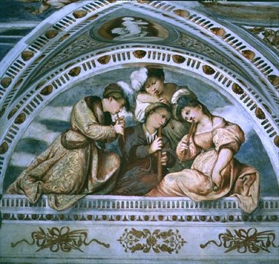 Konserten: blåseinstrumenter, lunette av Girolamo Romanino
