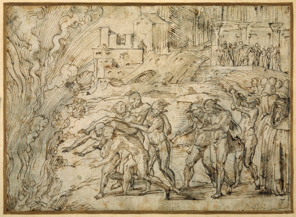 Bålet reist foran Hannibals tropper ved fallet av Saguntum (penn og brunt blekk med brun vask) av Girolamo Romanino