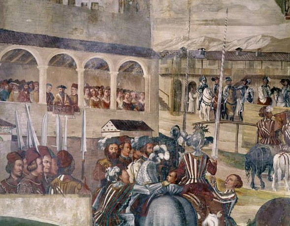 Turnering til ære for Christian I av Danmark på Castello di Malpaga, detalj fra venstre side, 1520-30 av Girolamo Romanino