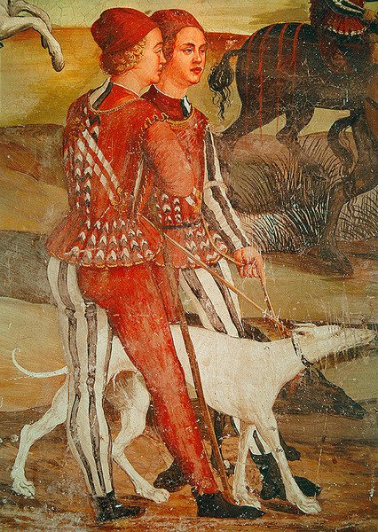 To sider og hunden deres, detalj av en jaktscene, ca. 1520-30 av Girolamo Romanino