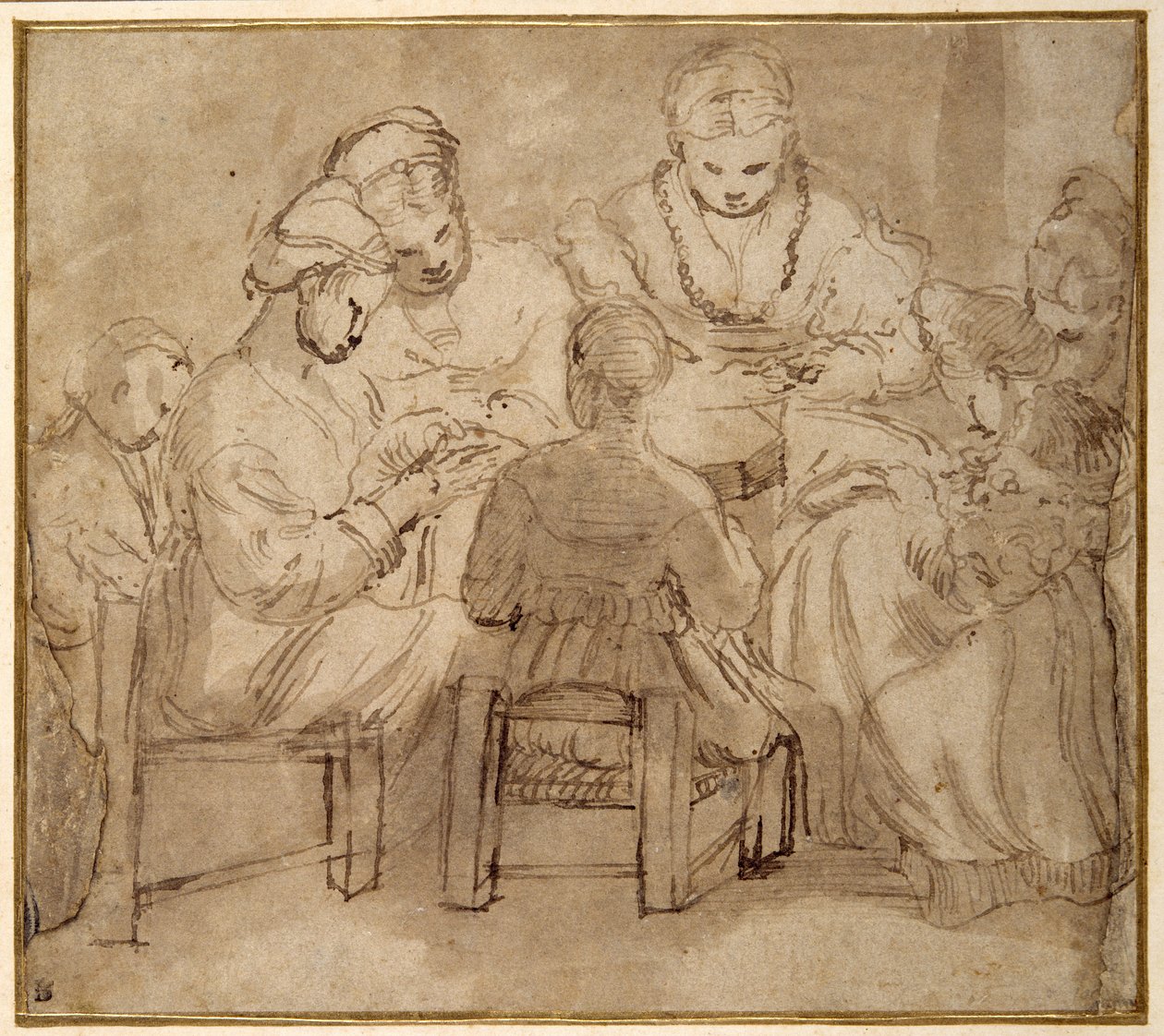 Kvinner og jenter sitter rundt et bord og syr (penn og brunt blekk med brun vask på papir) av Girolamo Romanino