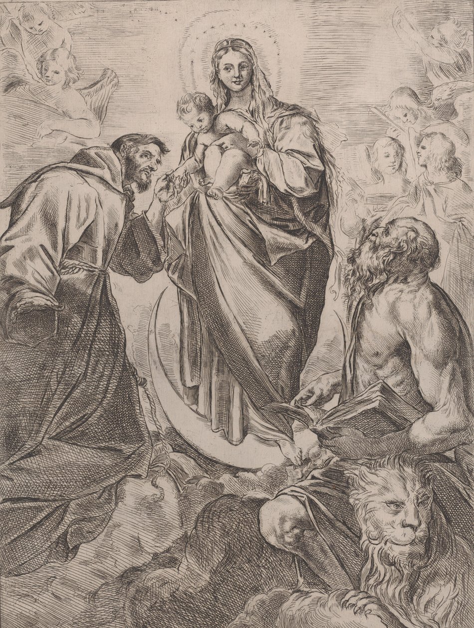 Jomfruen med de hellige Hieronymus og Frans, 1660-80. av Girolamo Rossi