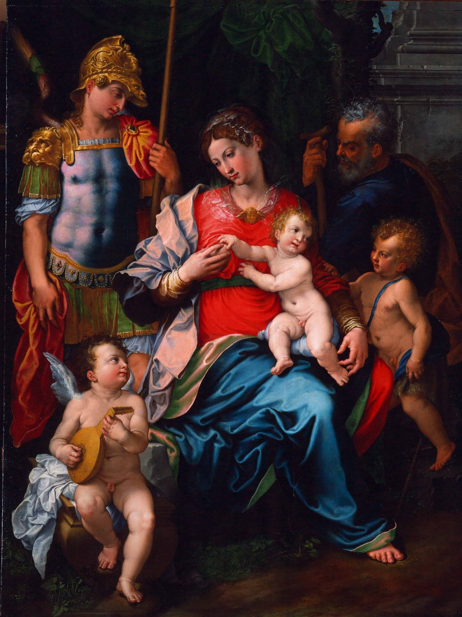 Jomfru og barn med de hellige døperen Johannes, erkeengelen Mikael og Josef, 1545 av Girolamo Sciolante da Sermoneta