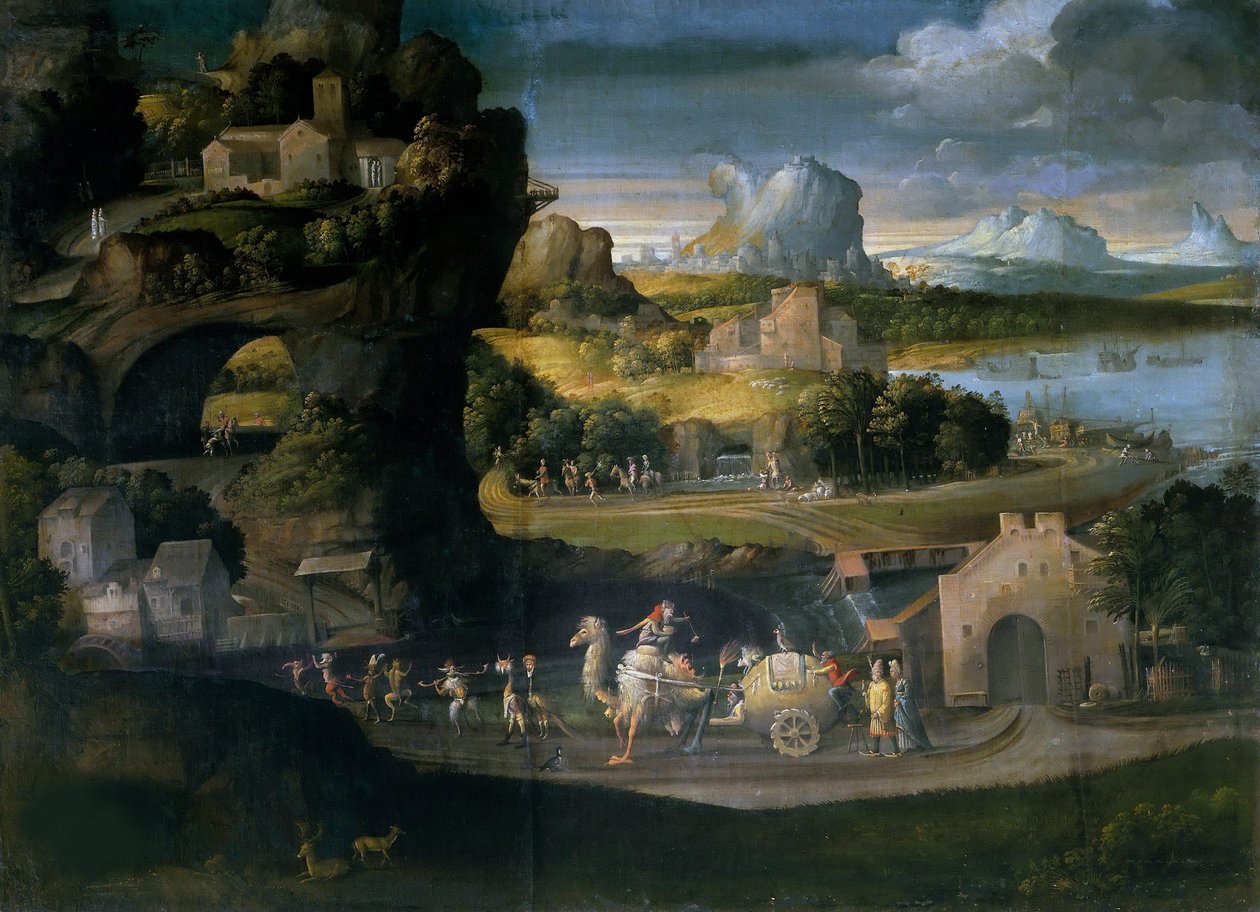 Landskap med tryllekunstnere, ca. 1525. av Girolamo da Carpi