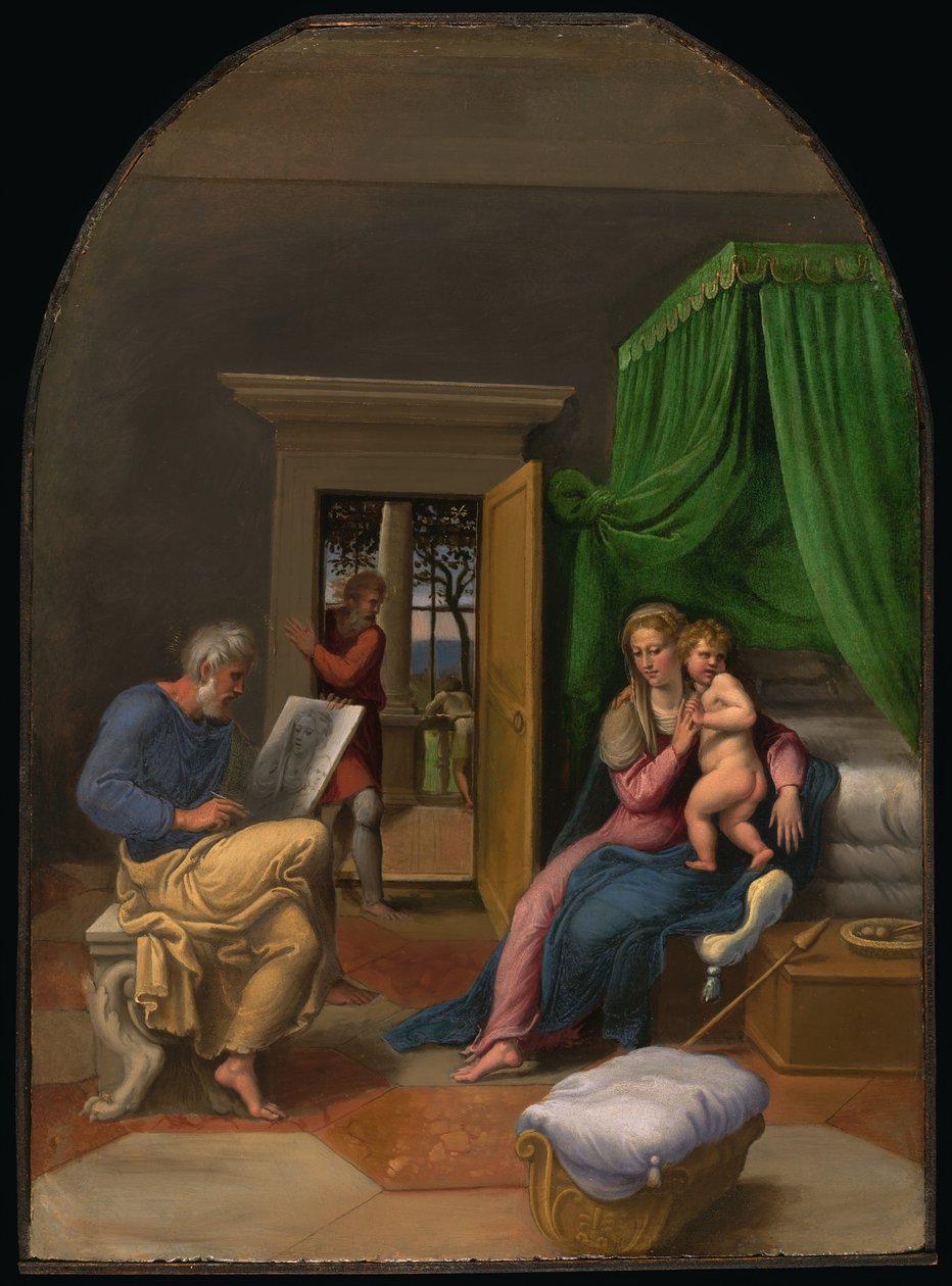 Saint Luke tegner jomfruen og Kristusbarnet, ca. 1535. av Girolamo da Carpi