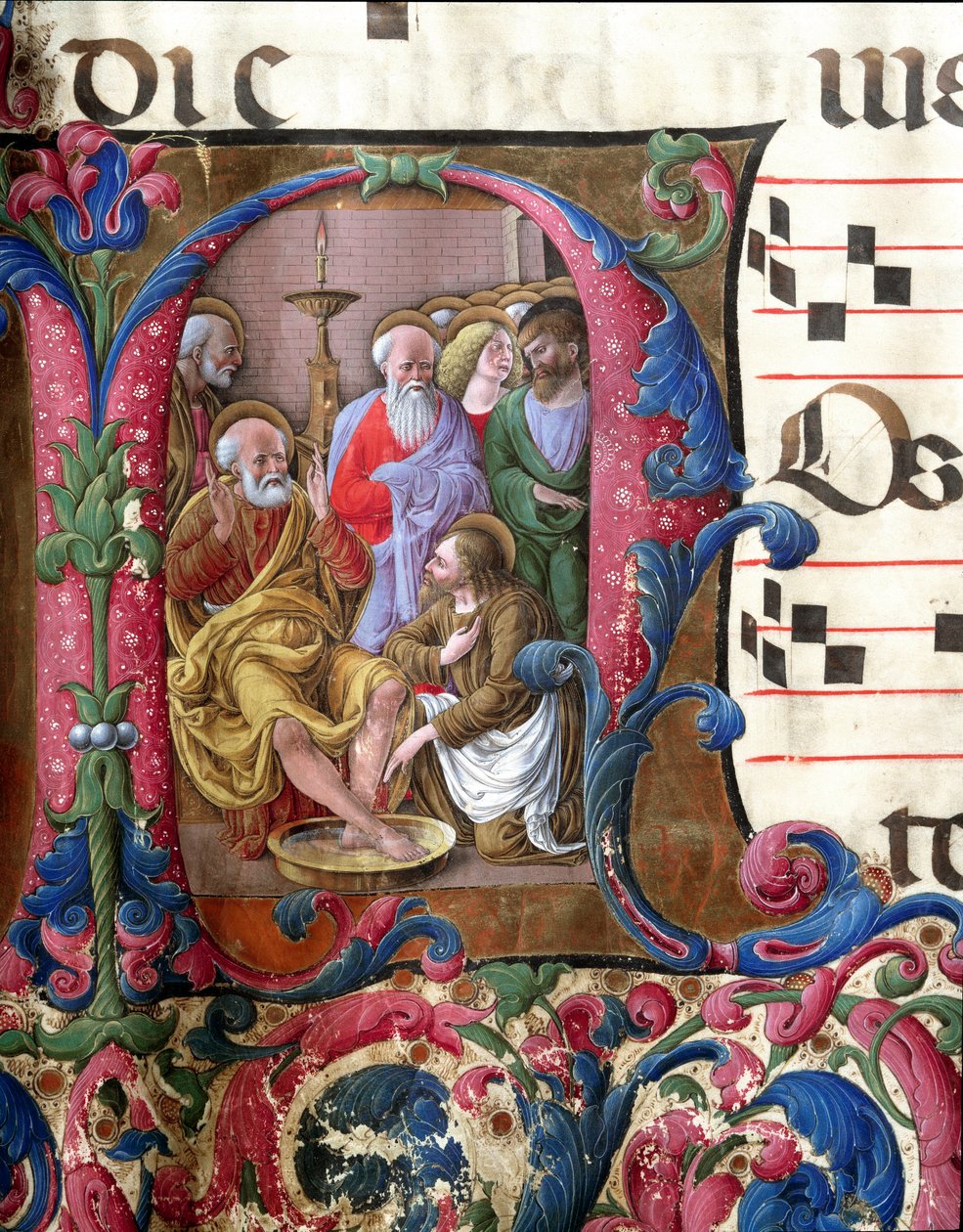 Dekorert brev som viser Kristus som vasker føttene, miniatyr av Girolamo da Cremona (aktiv rundt 1451-1483) og Liberale da Verona (1445-1529) fra et kor (Cod. 22/7. c.37) fra katedralen i Siena. Cathedrale (Duomo) fra 1400-tallet i Siena, Italia av Girolamo da Cremona