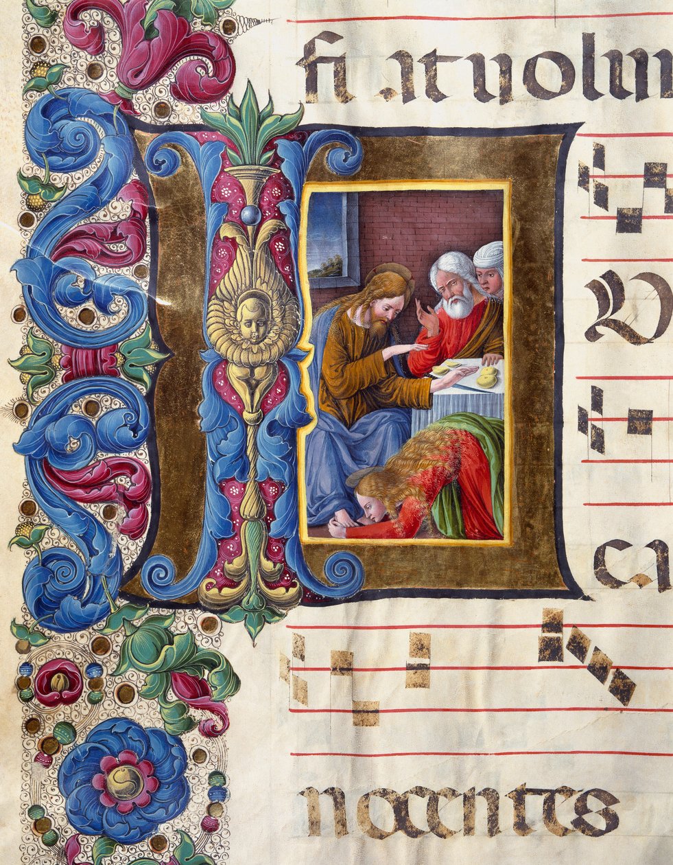 Decoree brevpapir som viser Maria Magdalena ved føttene til Jesus Miniatyr av Girolamo da Cremona (aktiv rundt 1451-1483) og Liberale da Verona (1445-1529) fra et kor (Cod. 22/7. c.15v) fra katedralen i Siena . Cathedrale (Duomo) fra 1400-tallet av Girolamo da Cremona