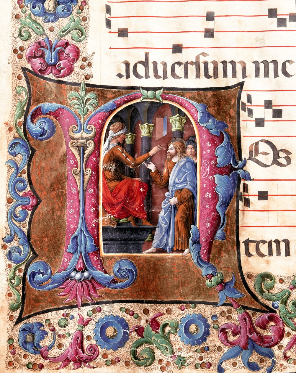Decoree-bokstaver som representerer Jesus Kristus foran Pontius Pilatus miniatyr av Girolamo da Cremona (aktiv rundt 1451-1483) og Liberale da Verona (1445-1529) fra et kor (Cod. 22/7. ca. 22.) fra Cathedrale of Siena. Cathedrale fra 1400-tallet (Duom av Girolamo da Cremona