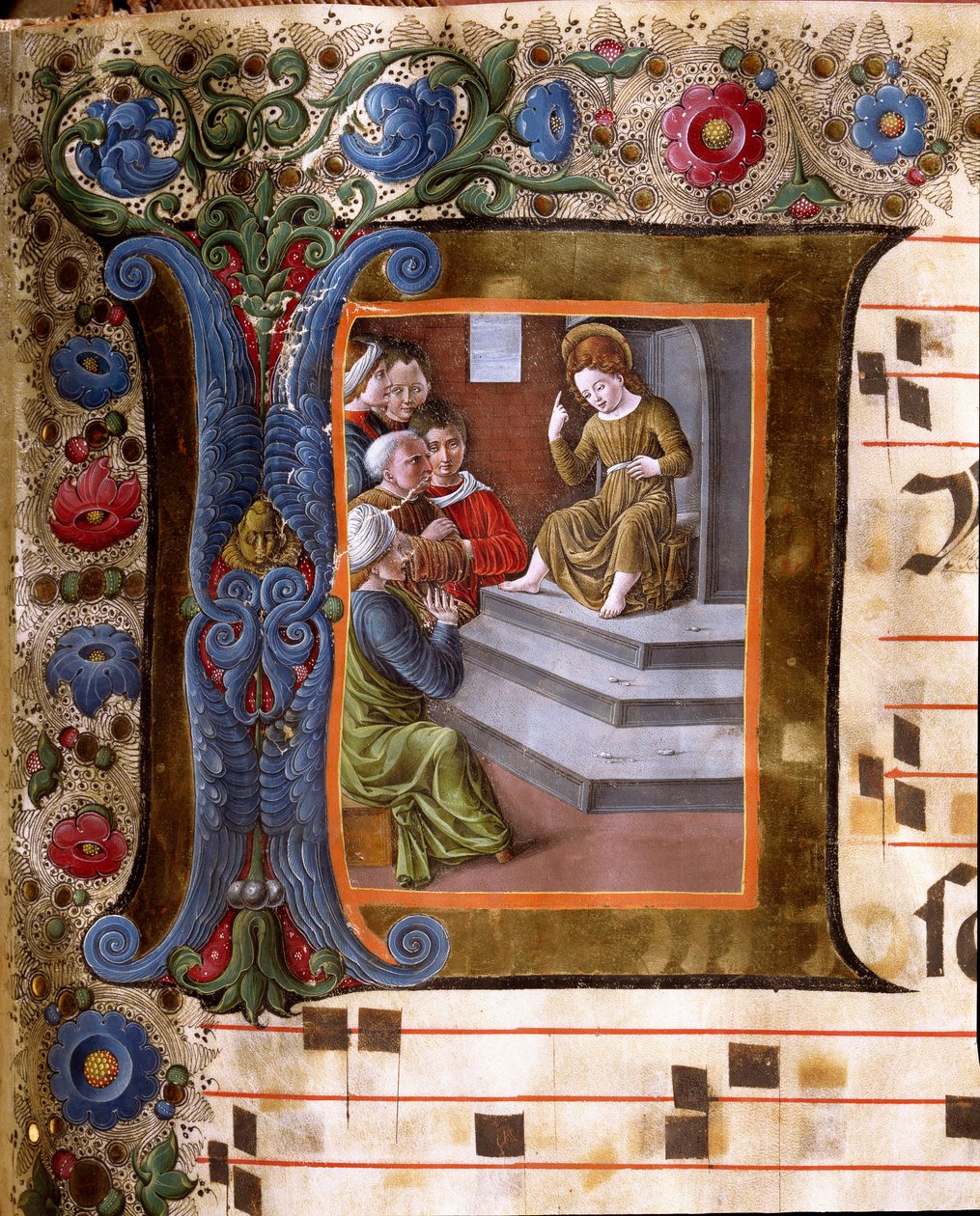 Decoree-lettere som viser Kristusbarnet og miniatyrlegene i Girolamo da Cremona (aktiv rundt 1451-1483) og Liberale da Verona (1445-1529) fra et kor (Cod. 19/4. c.13.) fra katedralen i Siena. Cathedrale (Duomo) i Siena fra 1400-tallet, It av Girolamo da Cremona