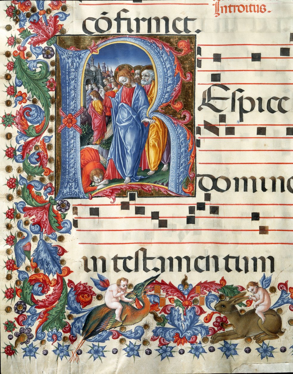 Decoree lettrine som viser Kristus og spedalske miniatyr av Girolamo da Cremona (aktiv rundt 1451-1483) og Liberale da Verona (1445-1529) fra et kor (Cod. 19/4. c.26.) fra katedralen i Siena. Cathedrale (Duomo) fra 1400-tallet i Siena, Italia av Girolamo da Cremona