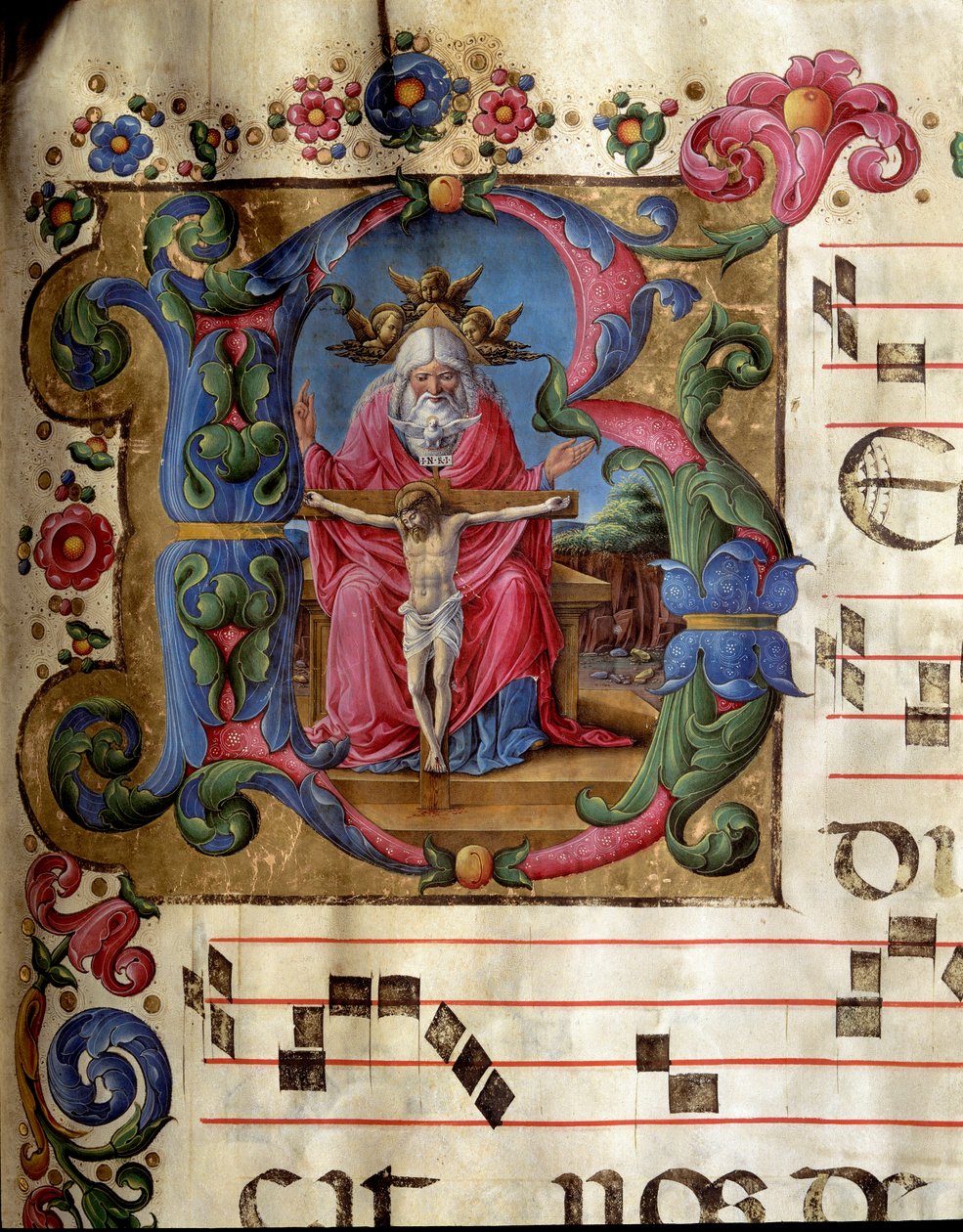 Lettrine B dekoree som representerer Den Hellige Treenighet (Nådens Trone) Gud, Jesus Kristus og Den Hellige Ånds due (Den Hellige Ånd). Miniatyr av Girolamo da Cremona (aktiv rundt 1451-1483) fra et kor (Cod. 10/L. c.81v) fra katedralen i Siena. 15t av Girolamo da Cremona