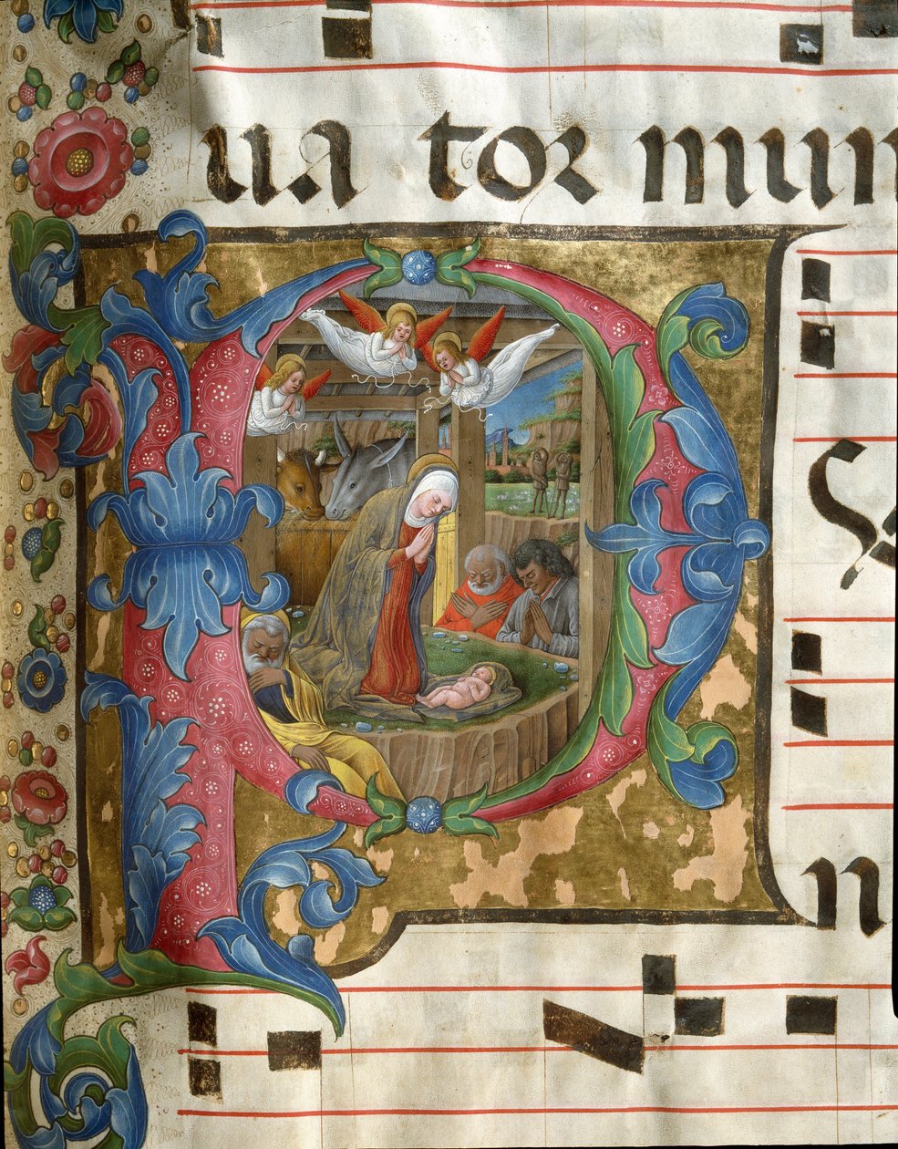 Lettrine P decoree som representerer miniatyrnativitten av Girolamo da Cremona (aktiv rundt 1451-1483) fra et kor (Cod. 18/3) fra katedralen i Siena. Cathedrale (Duomo) fra 1400-tallet i Siena, Italia av Girolamo da Cremona