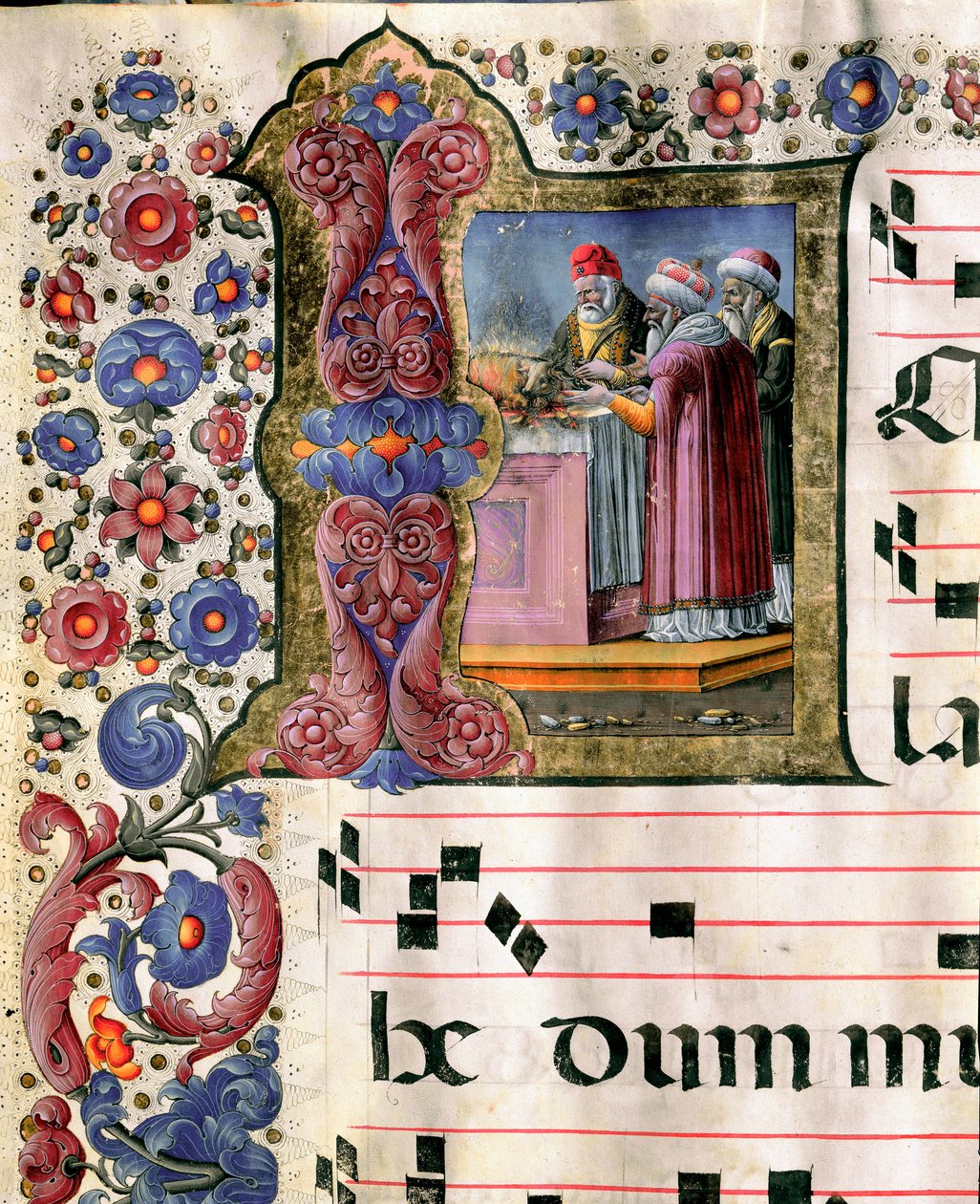 Miniatyrofferscene av Girolamo da Cremona (aktiv rundt 1451-1483) fra et kor (Cod. 10/L. c.114v.) fra katedralen i Siena. Cathedrale (Duomo) fra 1400-tallet i Siena, Italia av Girolamo da Cremona