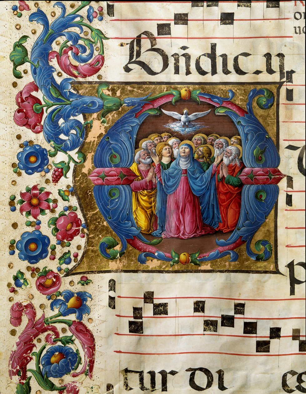 Den Hellige Ånds due (Den Hellige Ånd) viser seg for Jomfru Maria og apoterne. Miniatyr av Girolamo da Cremona (aktiv rundt 1451-1483) fra et kor (Cod. 10/L. c.32v) fra katedralen i Siena. Cathedrale (Duomo) fra 1400-tallet i Siena, Italia av Girolamo da Cremona