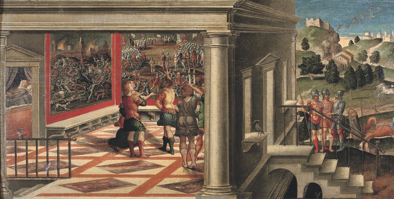Scener fra Orlando Furioso (olje på lerret lagt på panel) av Girolamo da Santacroce