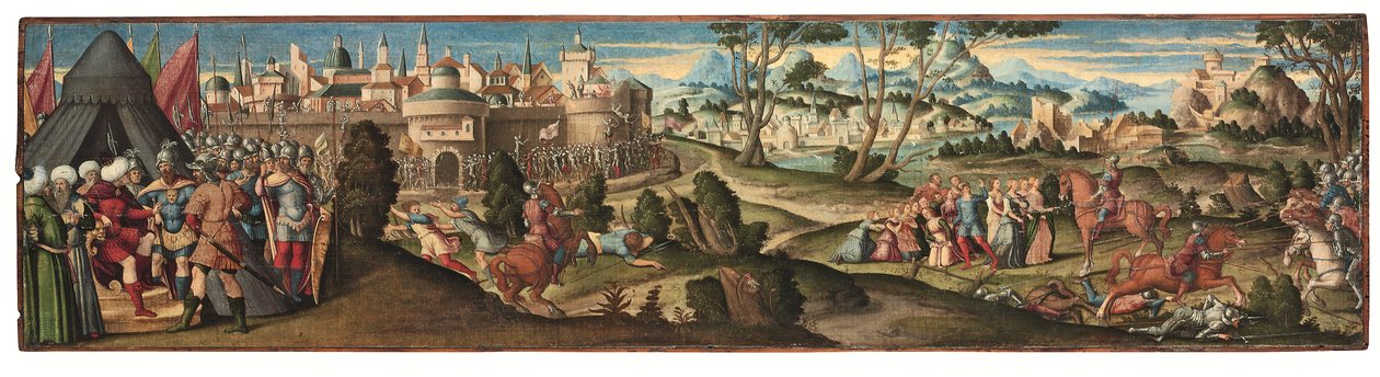 Scener fra Orlando Furioso (olje på lerret lagt på panel) av Girolamo da Santacroce