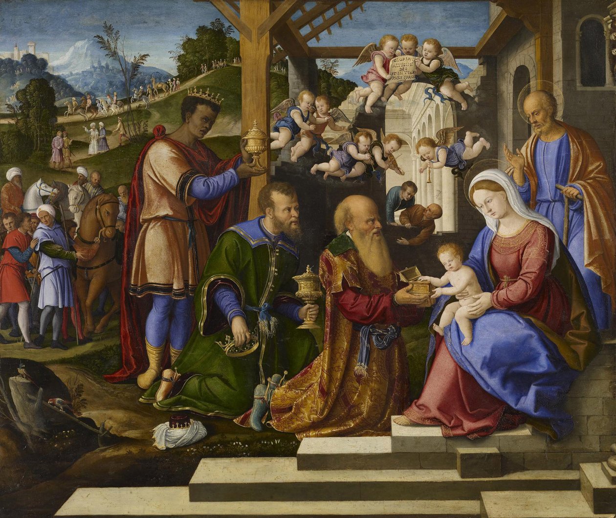 Tilbedelsen av de tre konger, ca. 1525-1530 av Girolamo da Santacroce