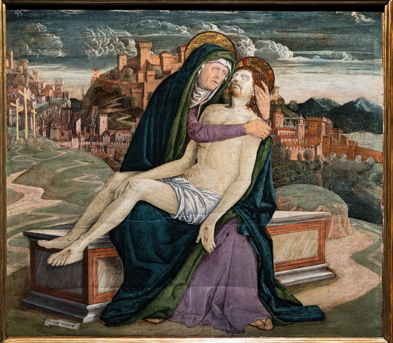 Klagesang, av Gerolamo da Treviso den gamle, ca. 1495-7. I bakgrunnen en befestet by som kan representere en venetiansk landsby som Soave eller Marostica. av Girolamo da Treviso the Elder
