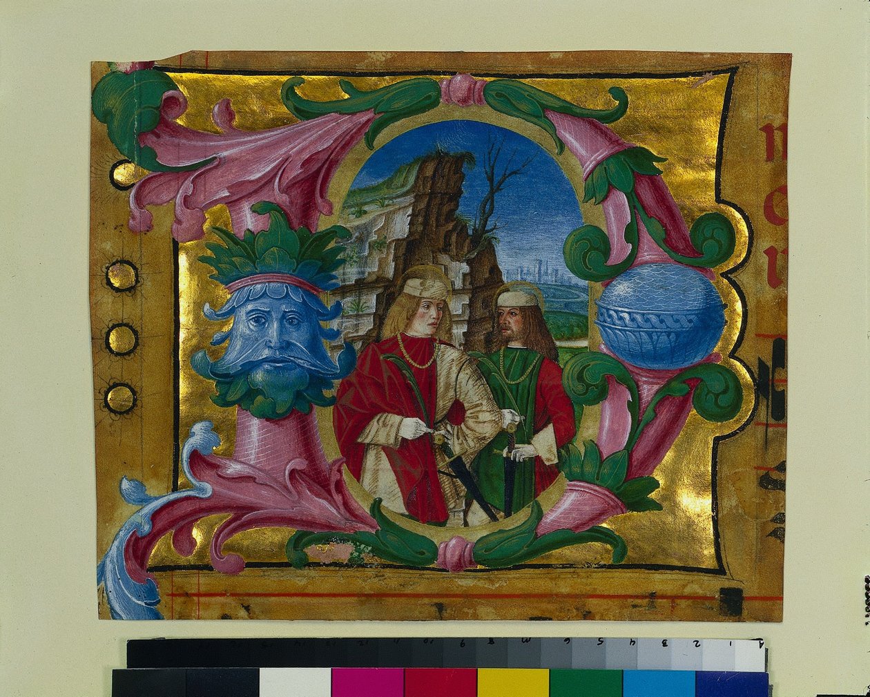 Historikert initial D Utskåret fra en korbok: To martyrhellige, ca. 1500-1510. av Girolamo dai Libri