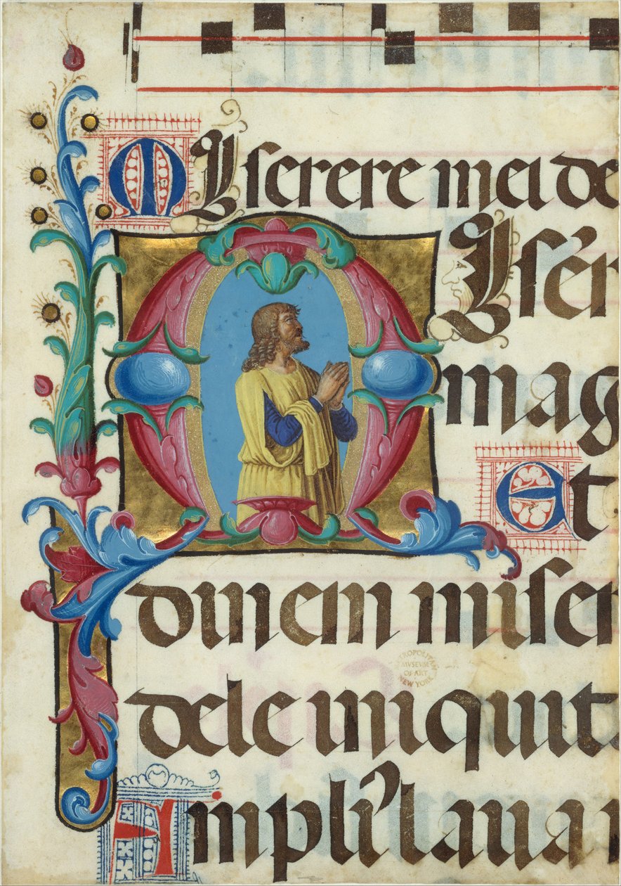 Manuskriptbelysning med David i bønn i en innledende M, fra en Psalter, 1501-2. av Girolamo dai Libri