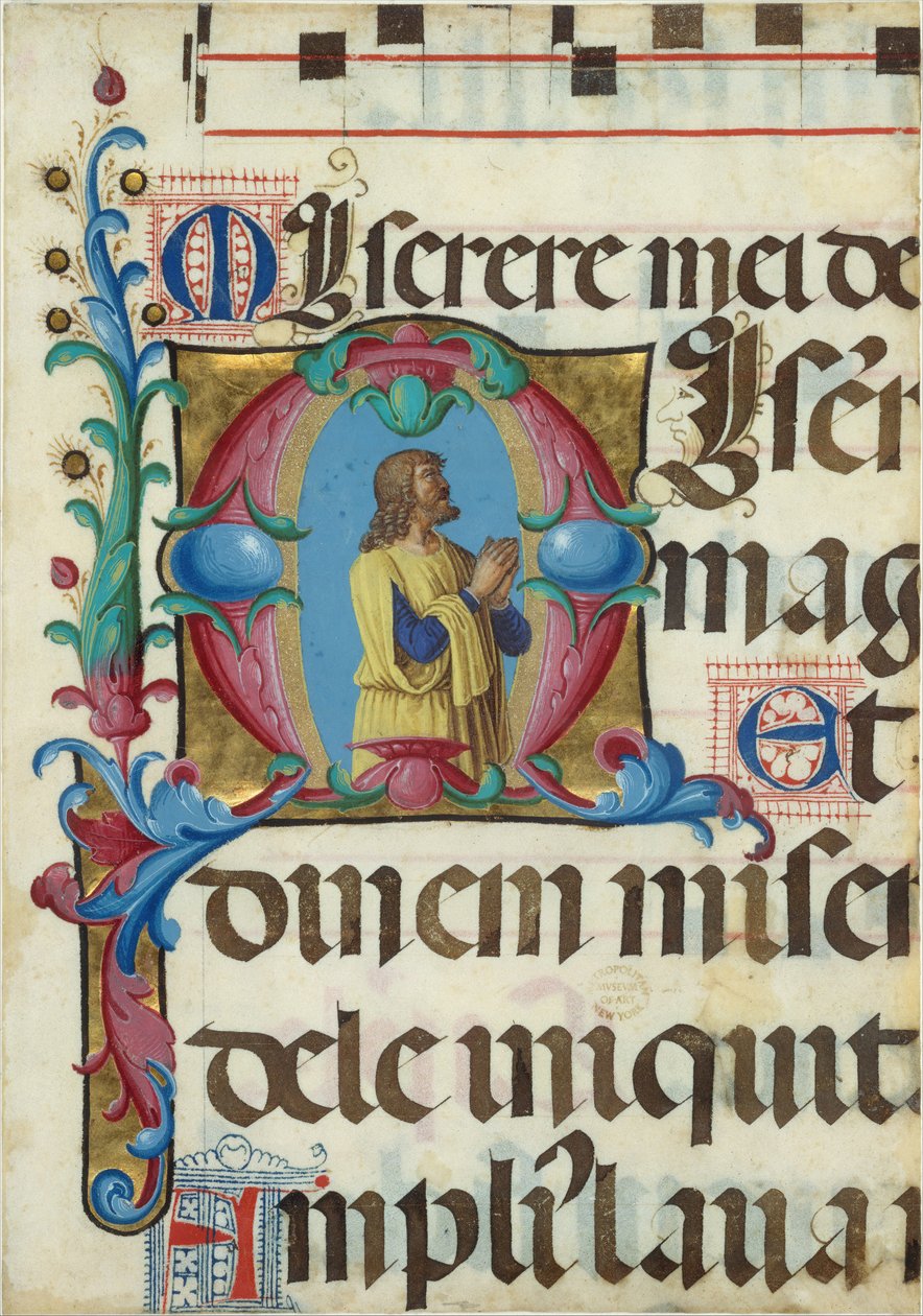 Manuskriptbelysning med David i bønn i en innledende M, fra en psalter, italiensk, 1501-2. av Girolamo dai Libri