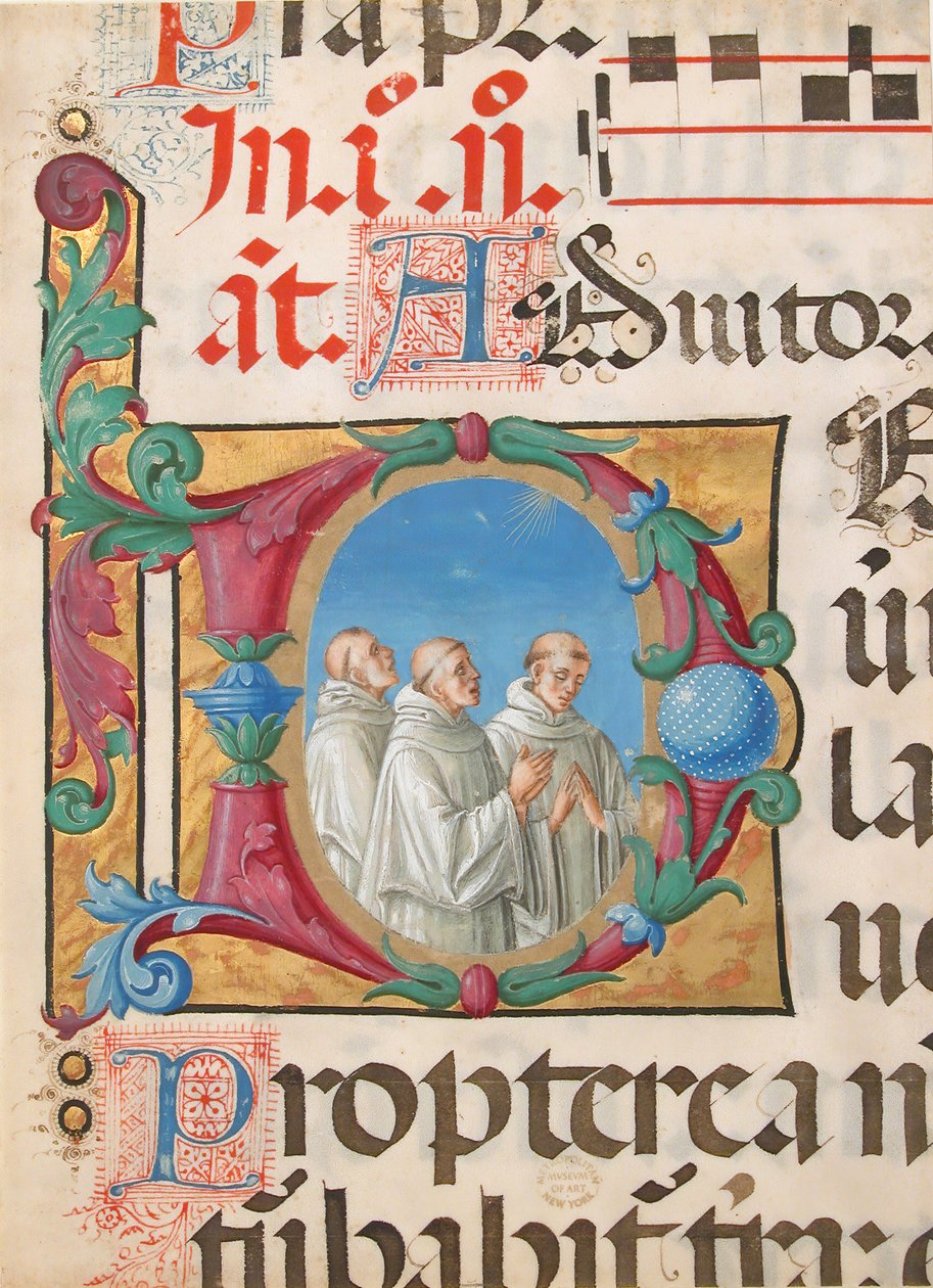 Manuskriptbelysning med syngende munker i en initial D, fra en psalter, italiensk, 1501-2. av Girolamo dai Libri