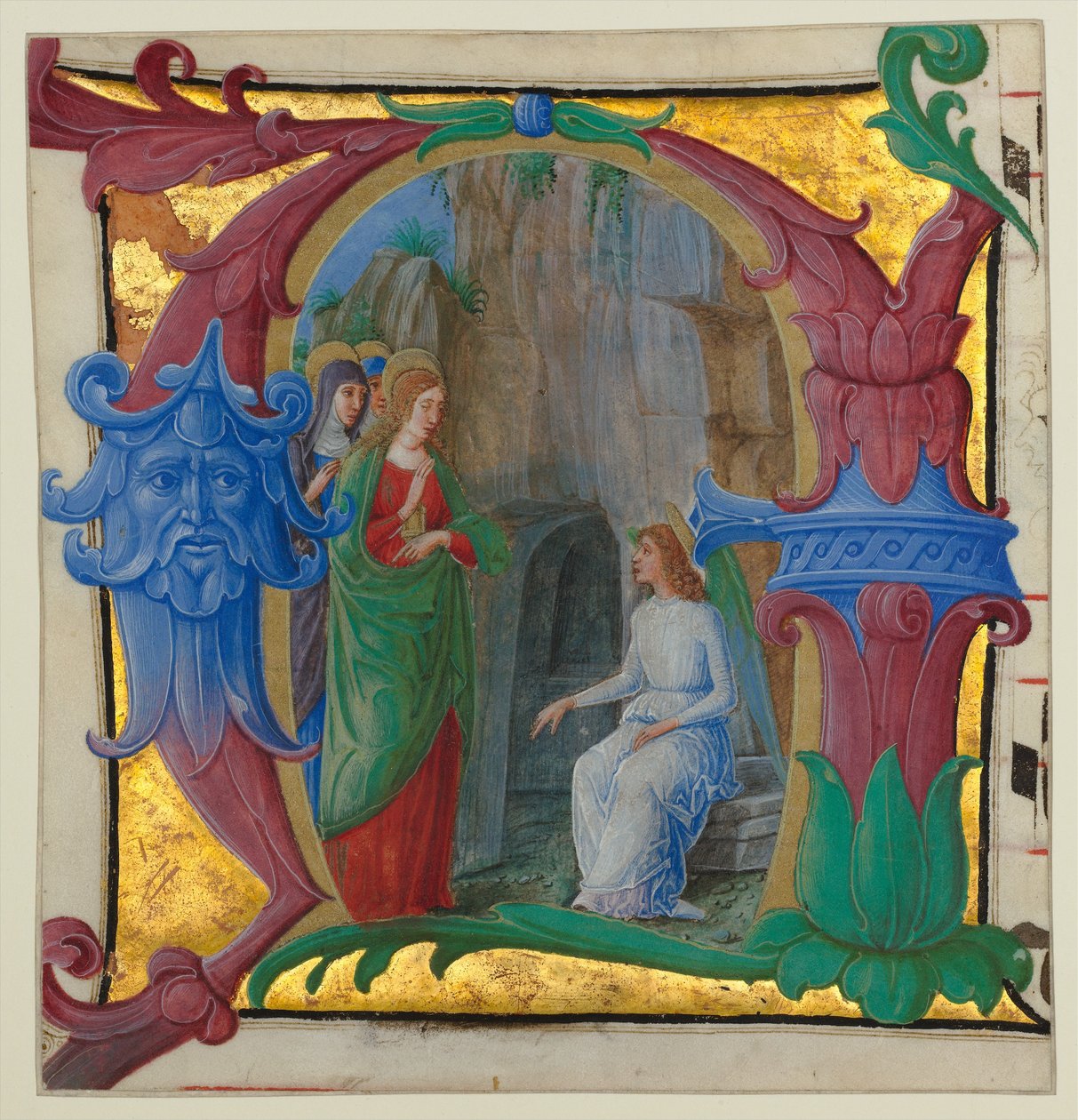 Manuskriptbelysning med de hellige kvinnene ved graven i en innledende A..., ca. 1490-1500. av Girolamo dai Libri