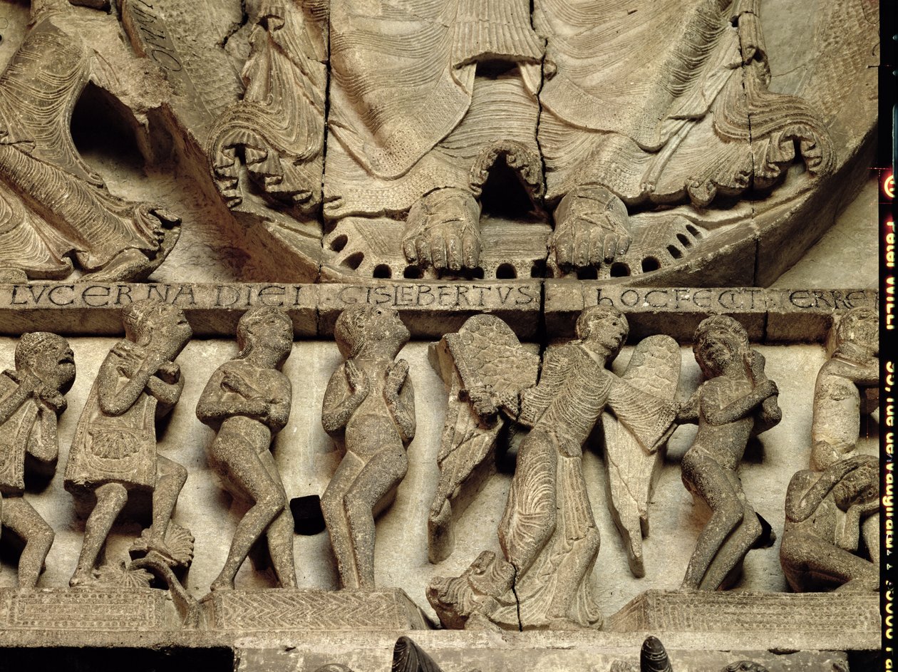 West Portal tympanon som viser den siste dommen: detalj av Kristi føtter, en engel og dødelige, ca. 1130-35 kalkstein av Gislebertus