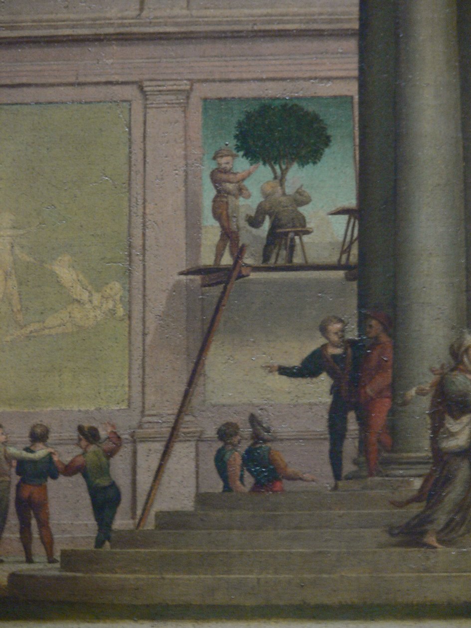 Voldtekten av Dina (1. Mosebok 34). Kunsthistorisches Museum Wien, bildegalleri, inv. Nr. 1554, detalj i bakgrunnen (veggmaler på stillas) av Giuliano Bugiardini