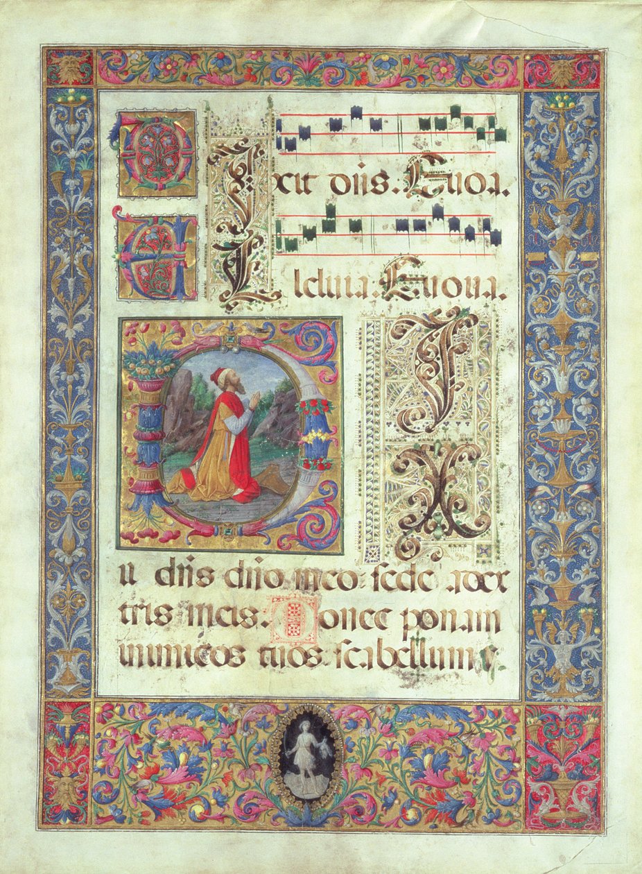 Side fra et manuskript med en historisk initial D som viser kong David, ca. 1480 av Giuliano Amadei