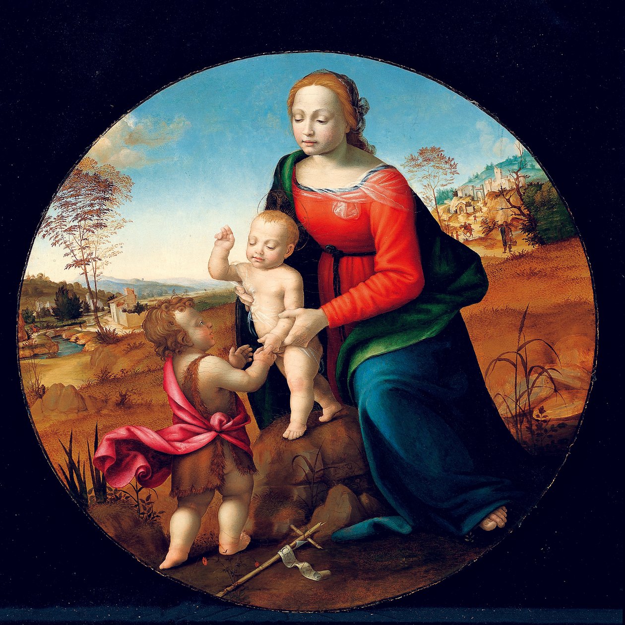 Madonna og barn med spedbarnet Saint John the Baptist (olje på tre) av Giuliano Bugiardini