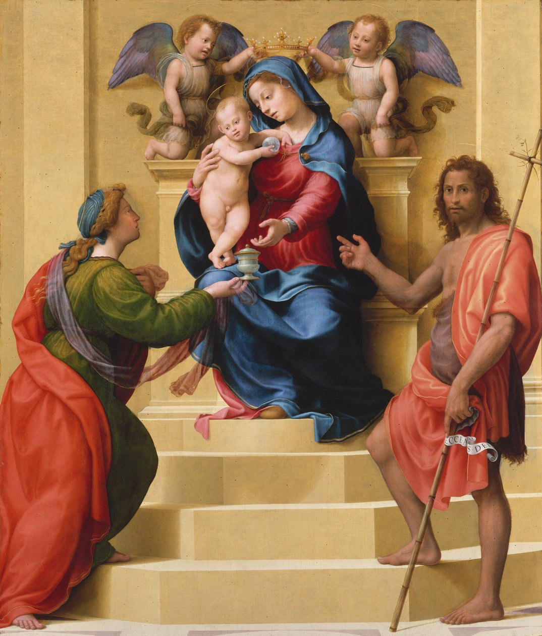 Madonna og barn på tronen med de hellige Maria Magdalen og døperen Johannes, ca. 1523 (olje på tre) av Giuliano Bugiardini