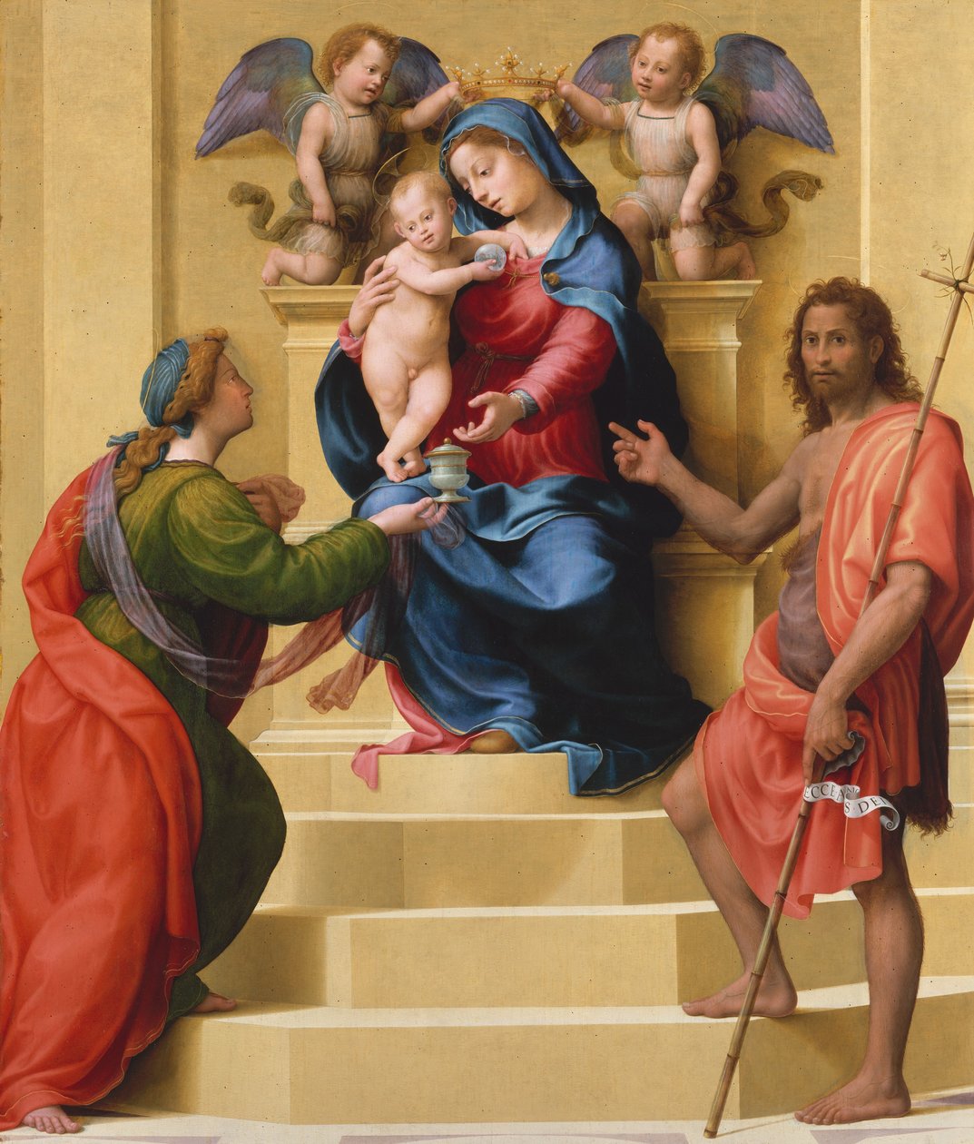 Madonna og barn på tronen med de hellige Maria Magdalen og døperen Johannes, ca. 1523. av Giuliano Bugiardini